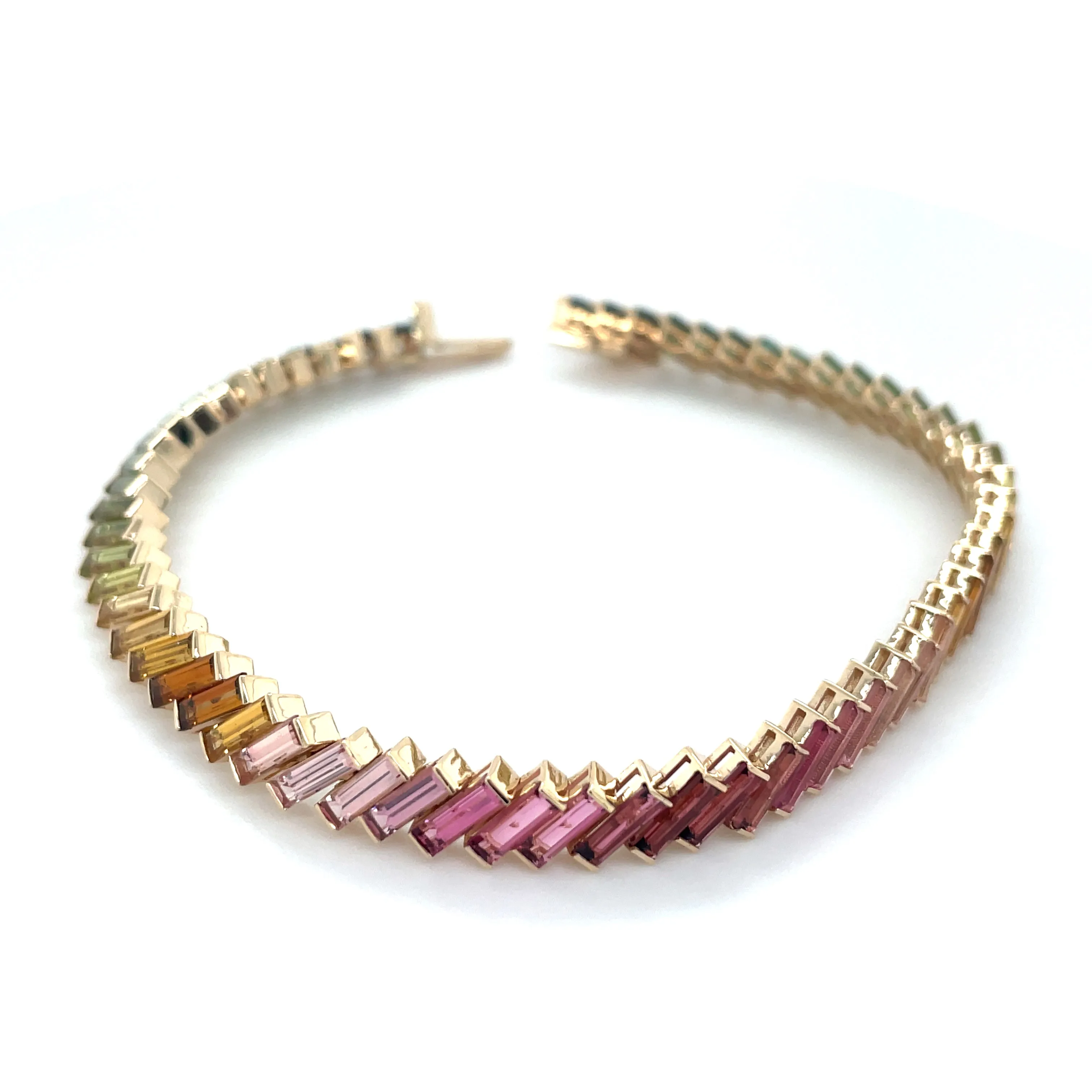 14ct Yellow Gold Earth Grown 11.84ct Rainbow Baguette Tourmaline Tennis Bracelet