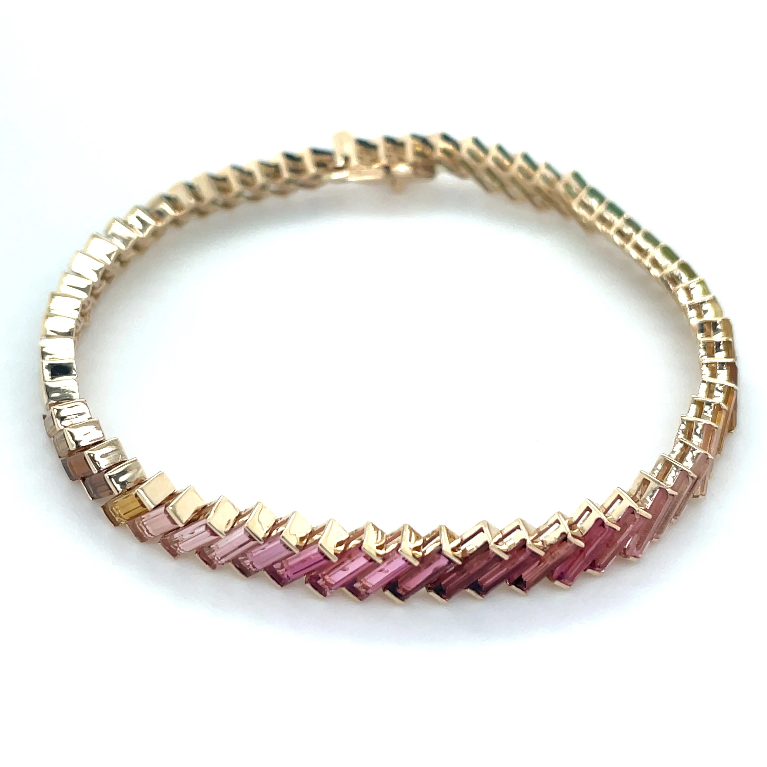 14ct Yellow Gold Earth Grown 11.84ct Rainbow Baguette Tourmaline Tennis Bracelet