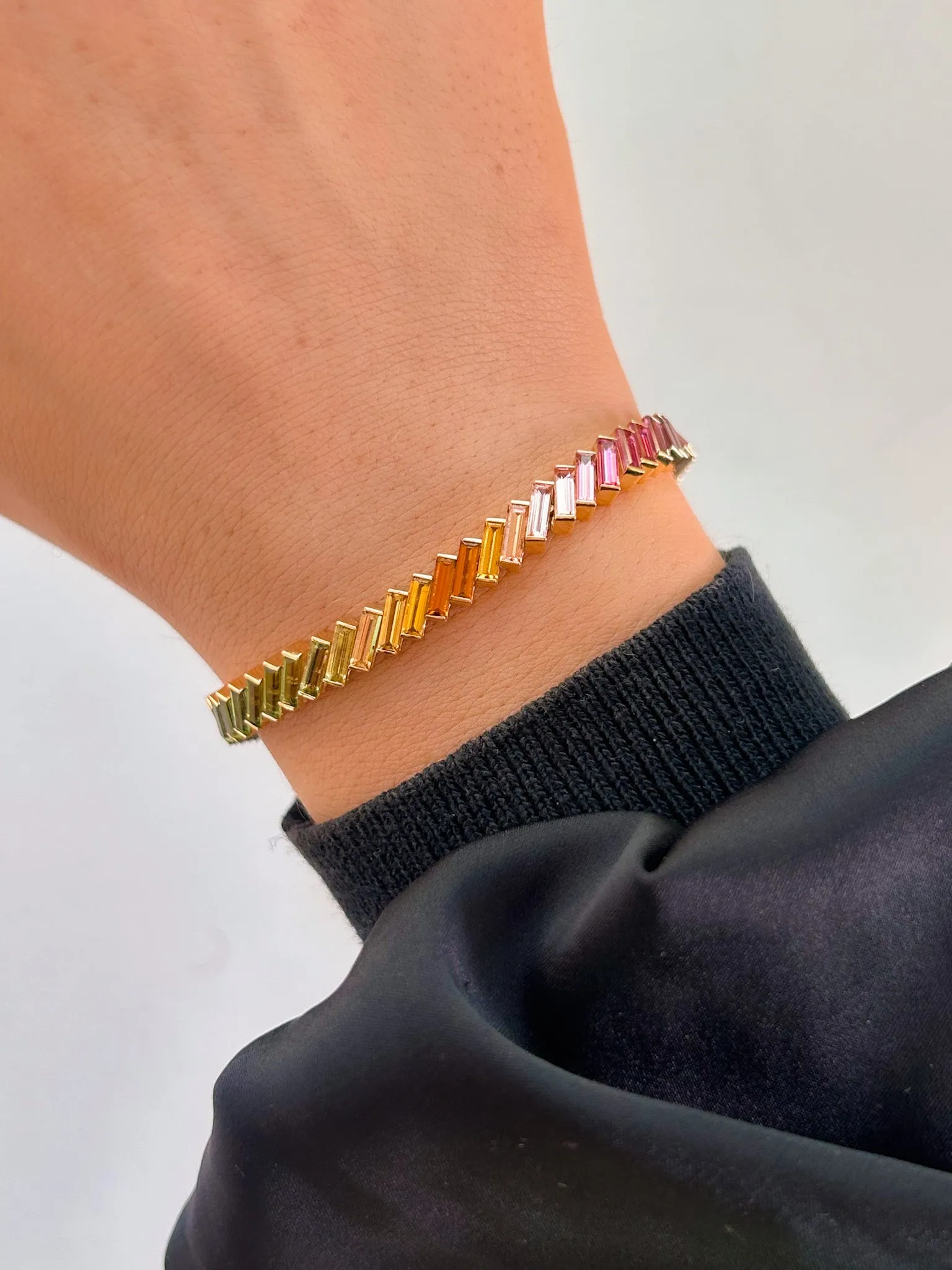14ct Yellow Gold Earth Grown 11.84ct Rainbow Baguette Tourmaline Tennis Bracelet