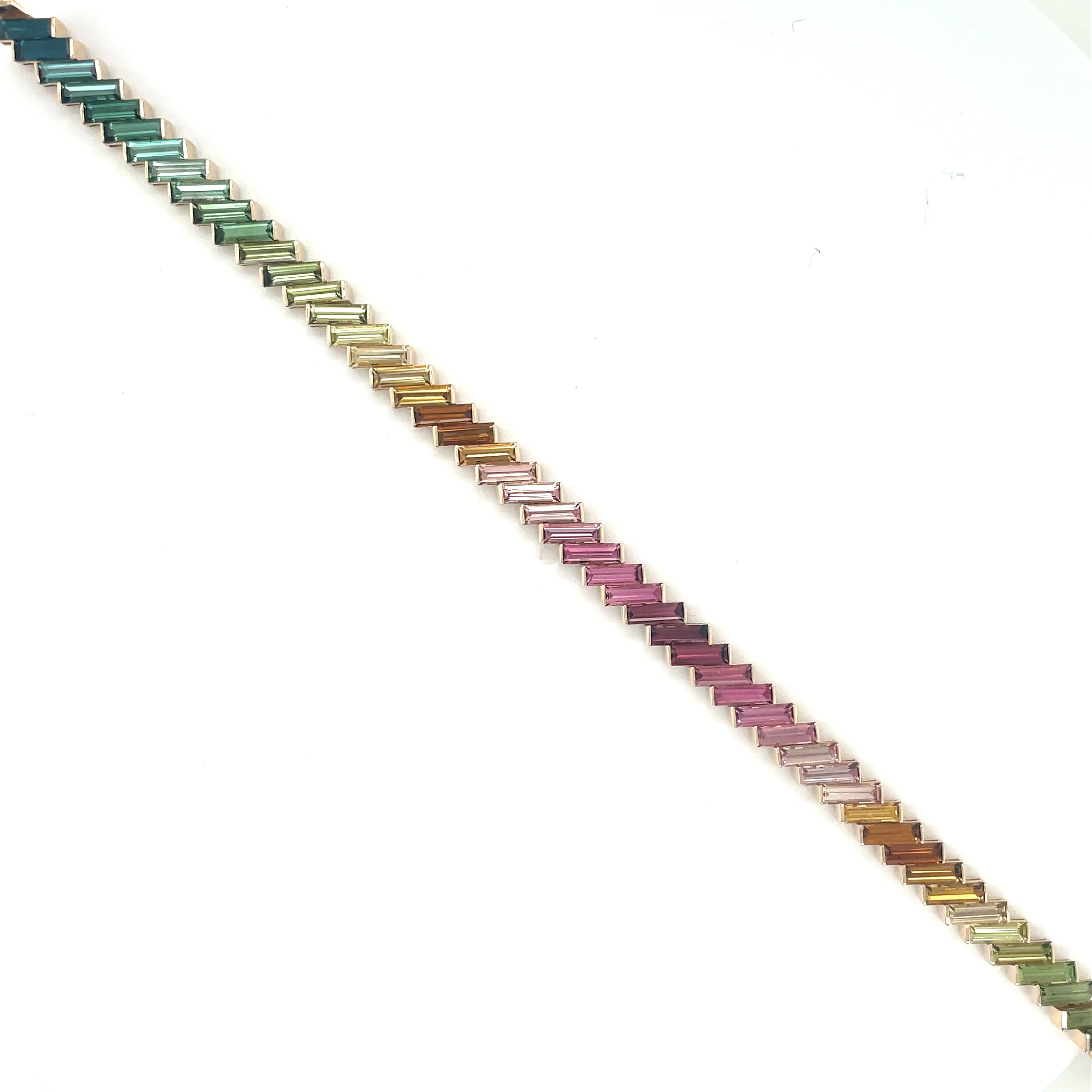 14ct Yellow Gold Earth Grown 11.84ct Rainbow Baguette Tourmaline Tennis Bracelet
