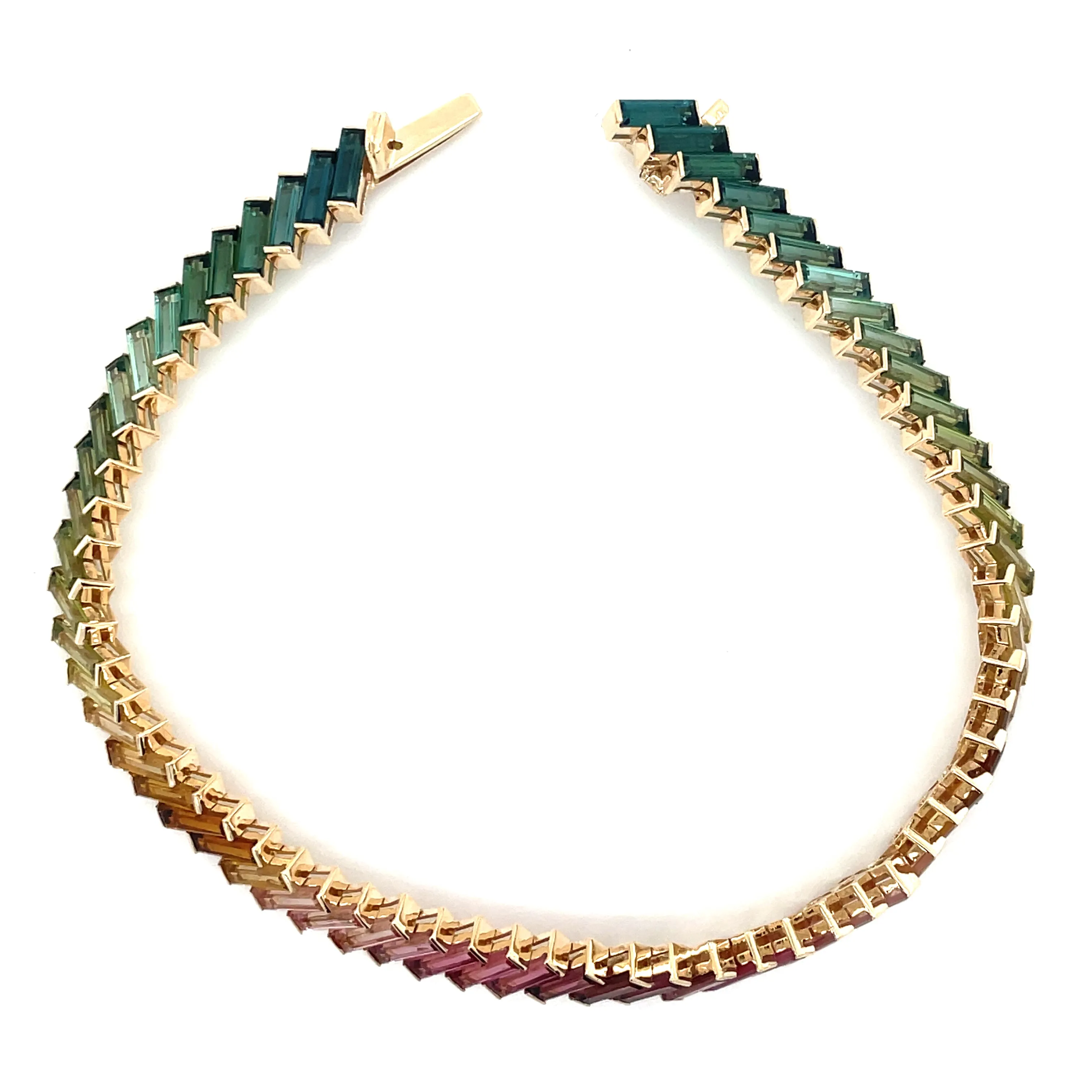 14ct Yellow Gold Earth Grown 11.84ct Rainbow Baguette Tourmaline Tennis Bracelet