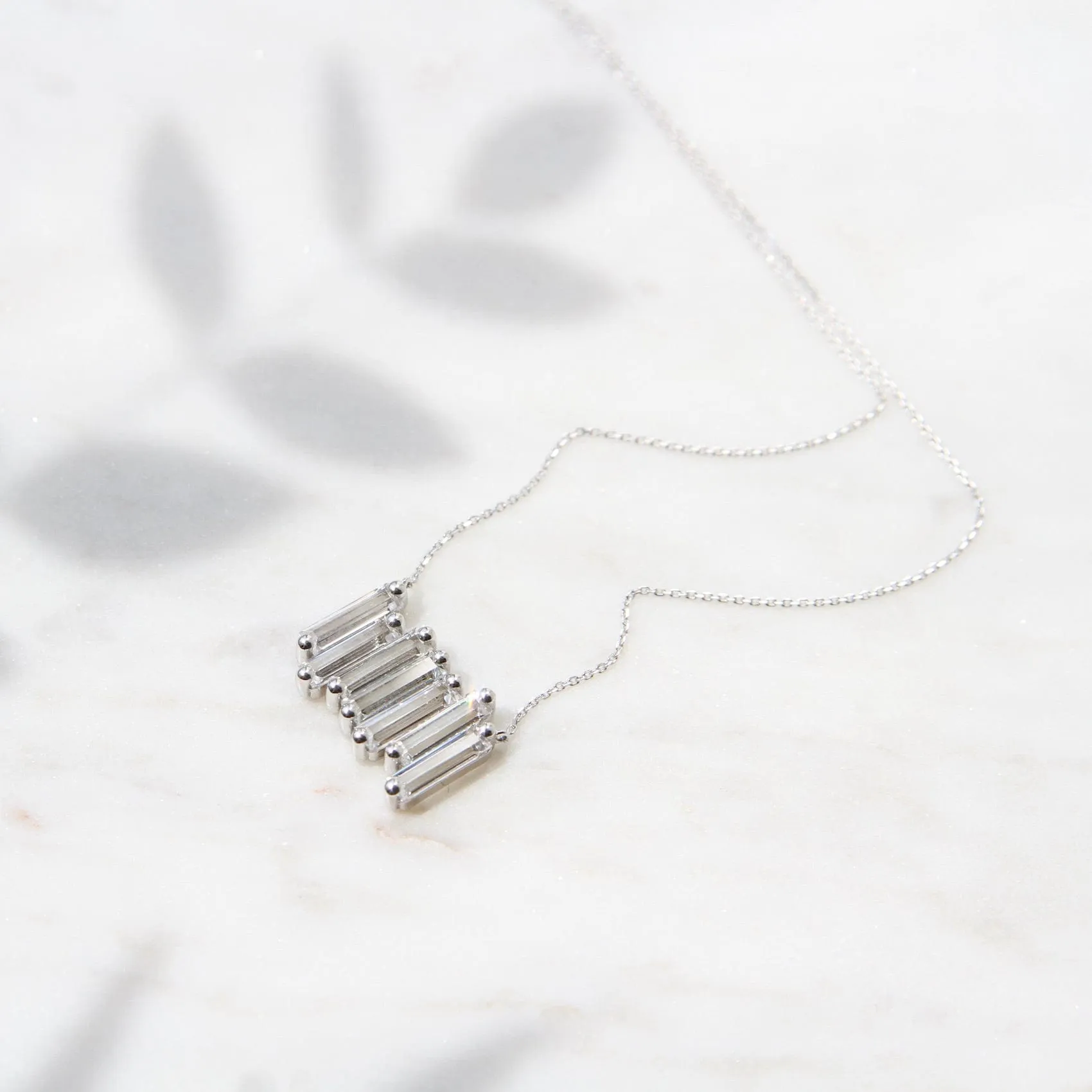 14k White Gold White Topaz Large Baguette Bar Necklace