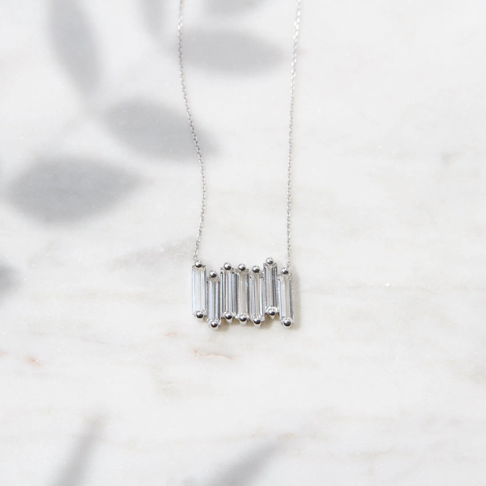 14k White Gold White Topaz Large Baguette Bar Necklace