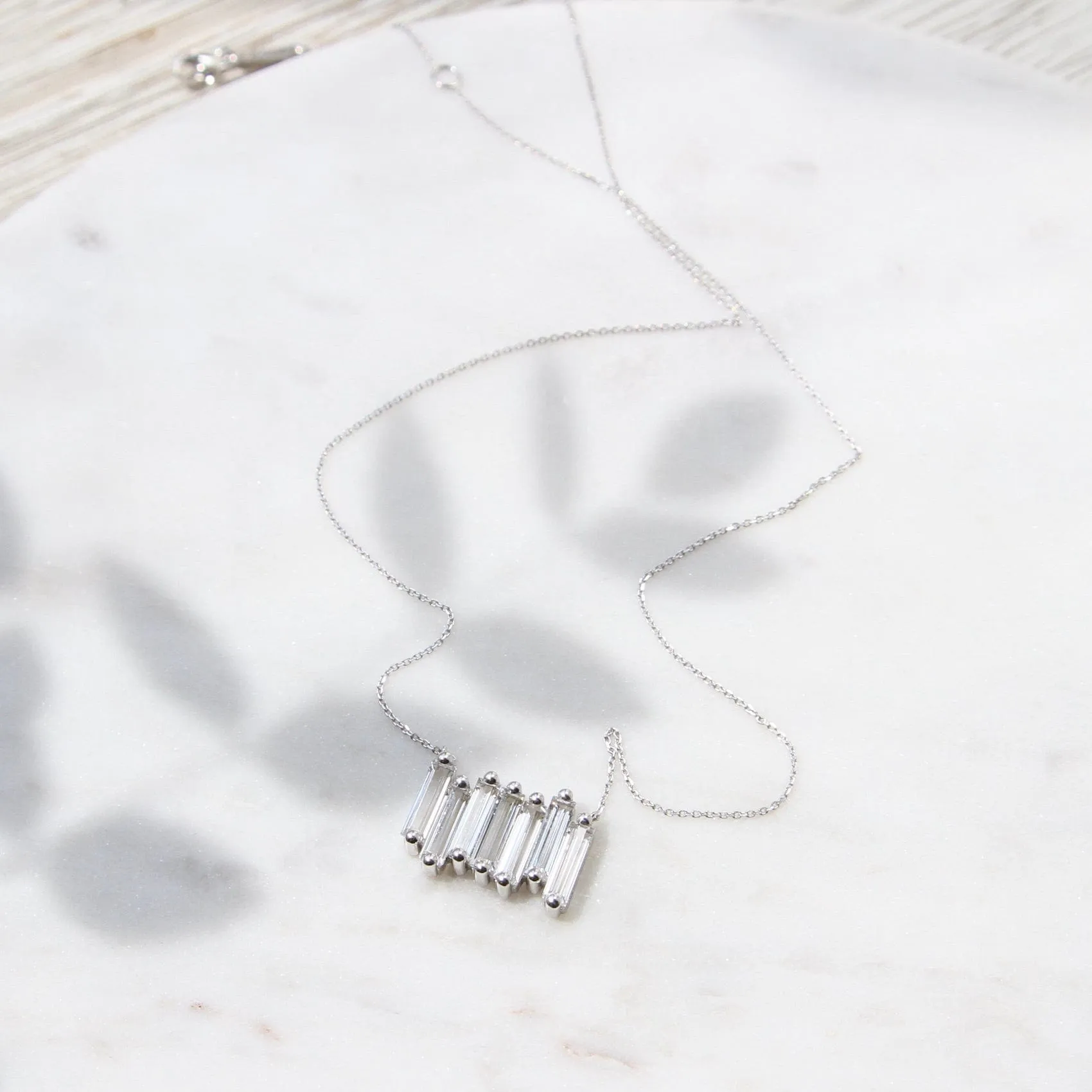 14k White Gold White Topaz Large Baguette Bar Necklace