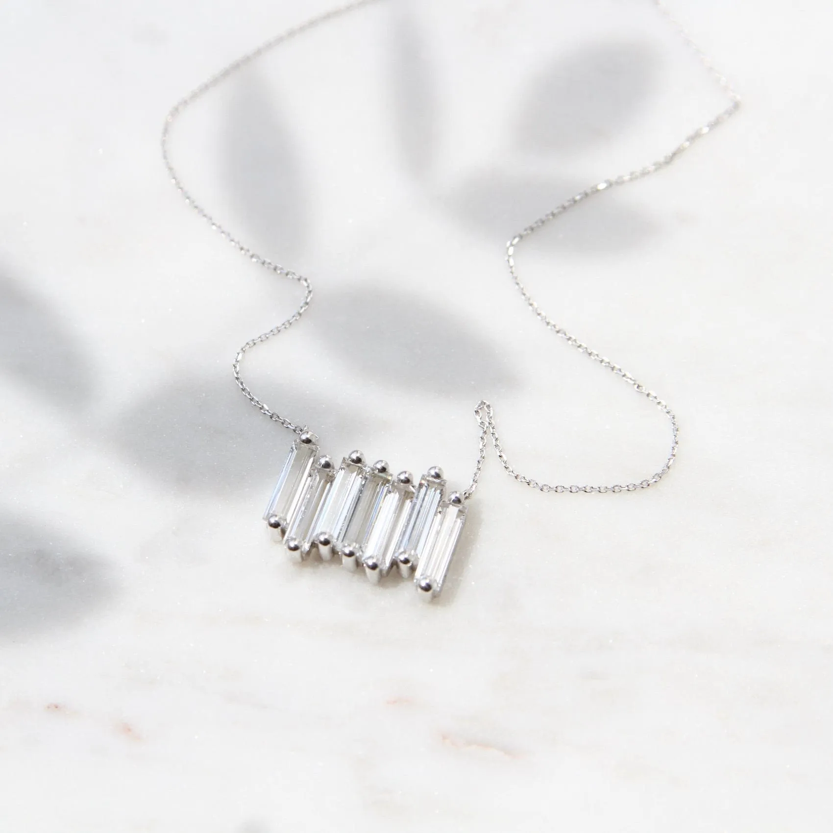 14k White Gold White Topaz Large Baguette Bar Necklace