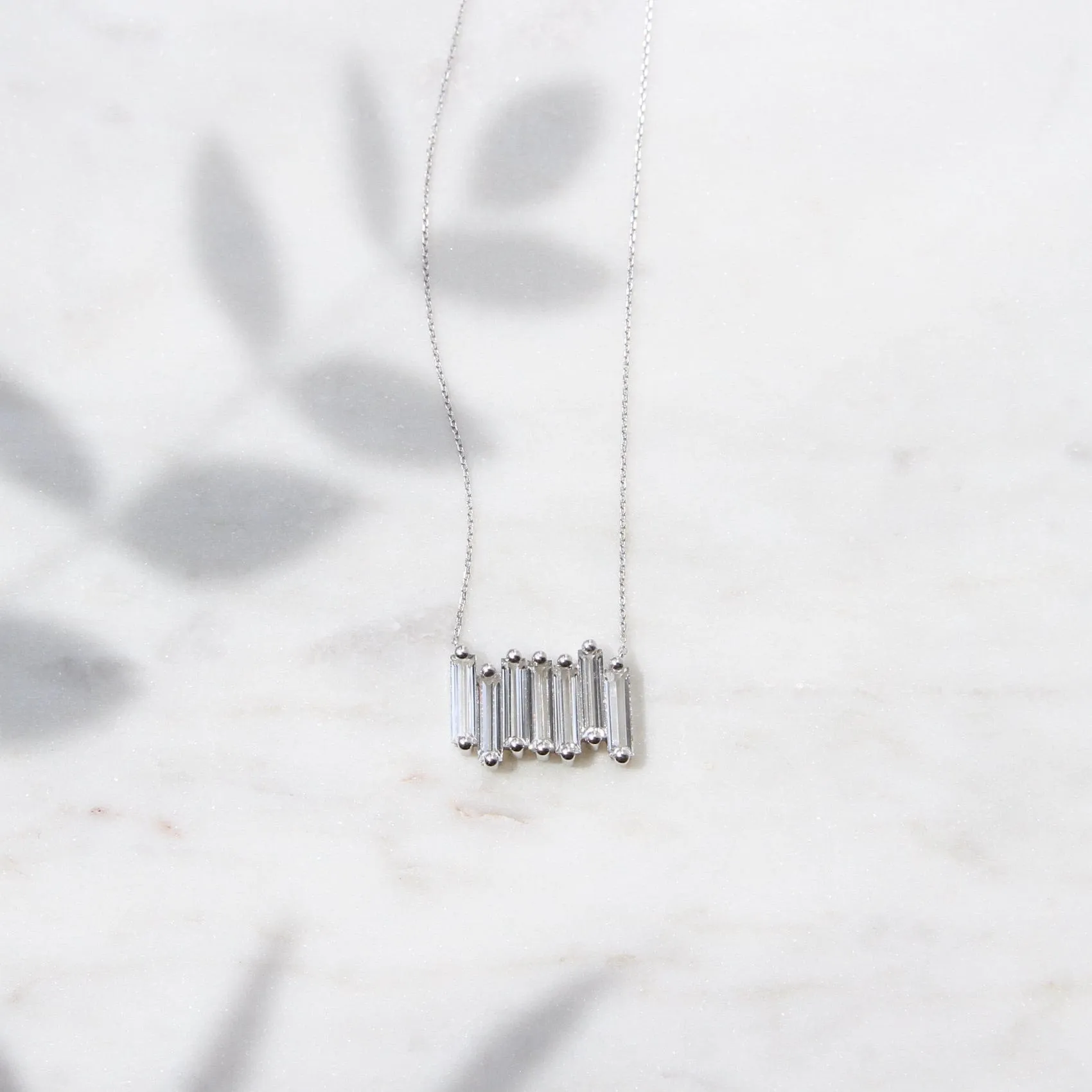14k White Gold White Topaz Large Baguette Bar Necklace