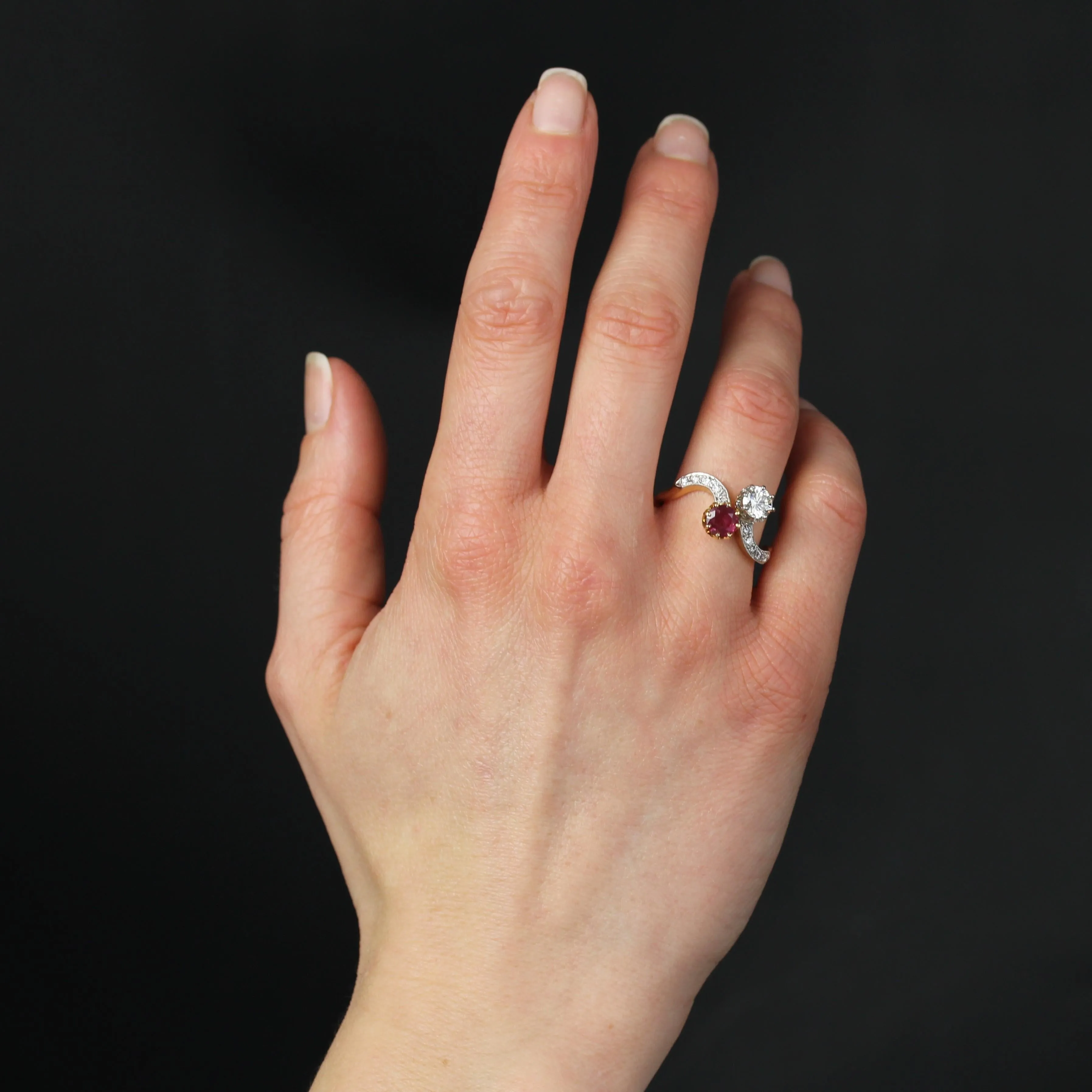 1960s Ruby and Diamonds 18 Karat Yellow Gold You and Me Ring