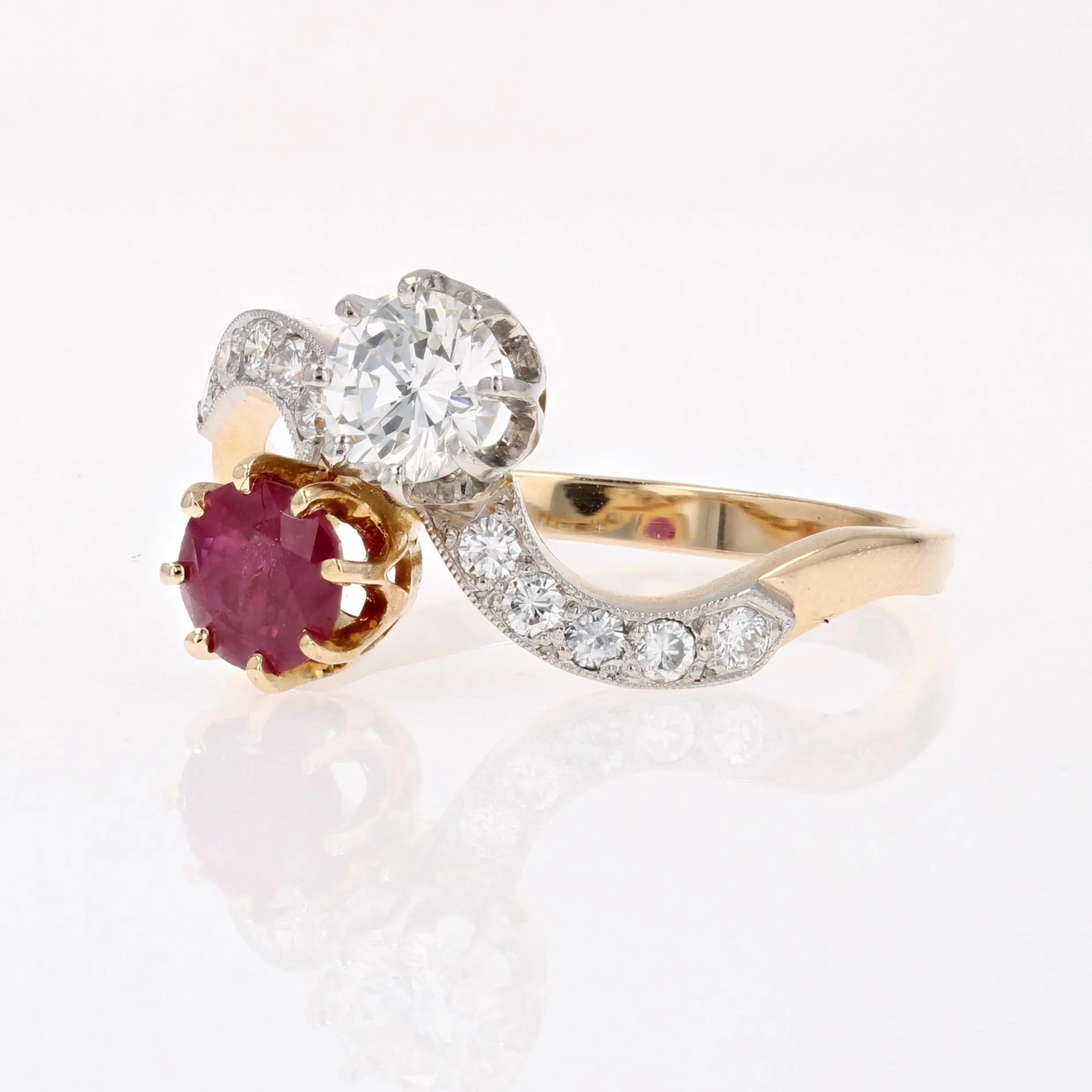 1960s Ruby and Diamonds 18 Karat Yellow Gold You and Me Ring