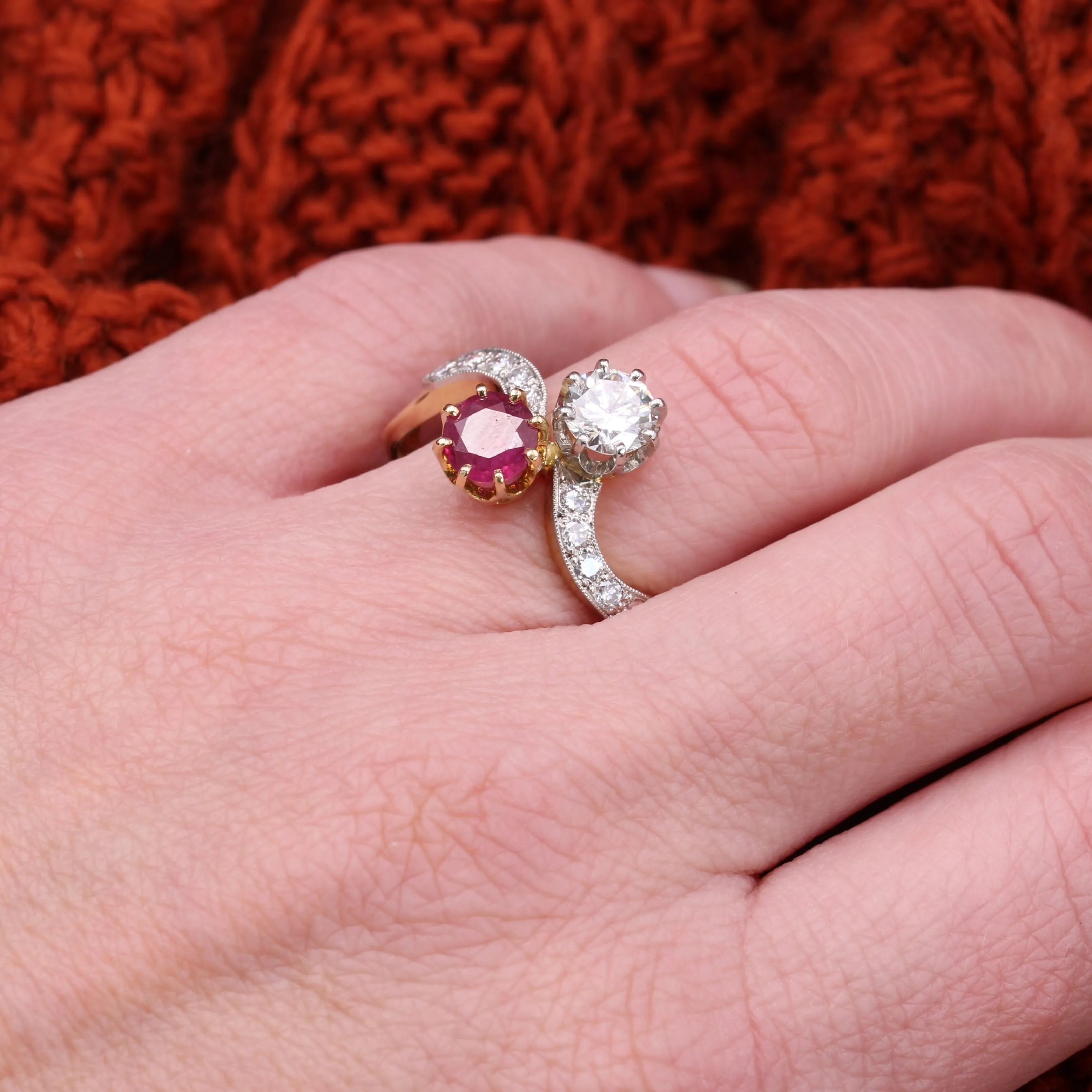 1960s Ruby and Diamonds 18 Karat Yellow Gold You and Me Ring