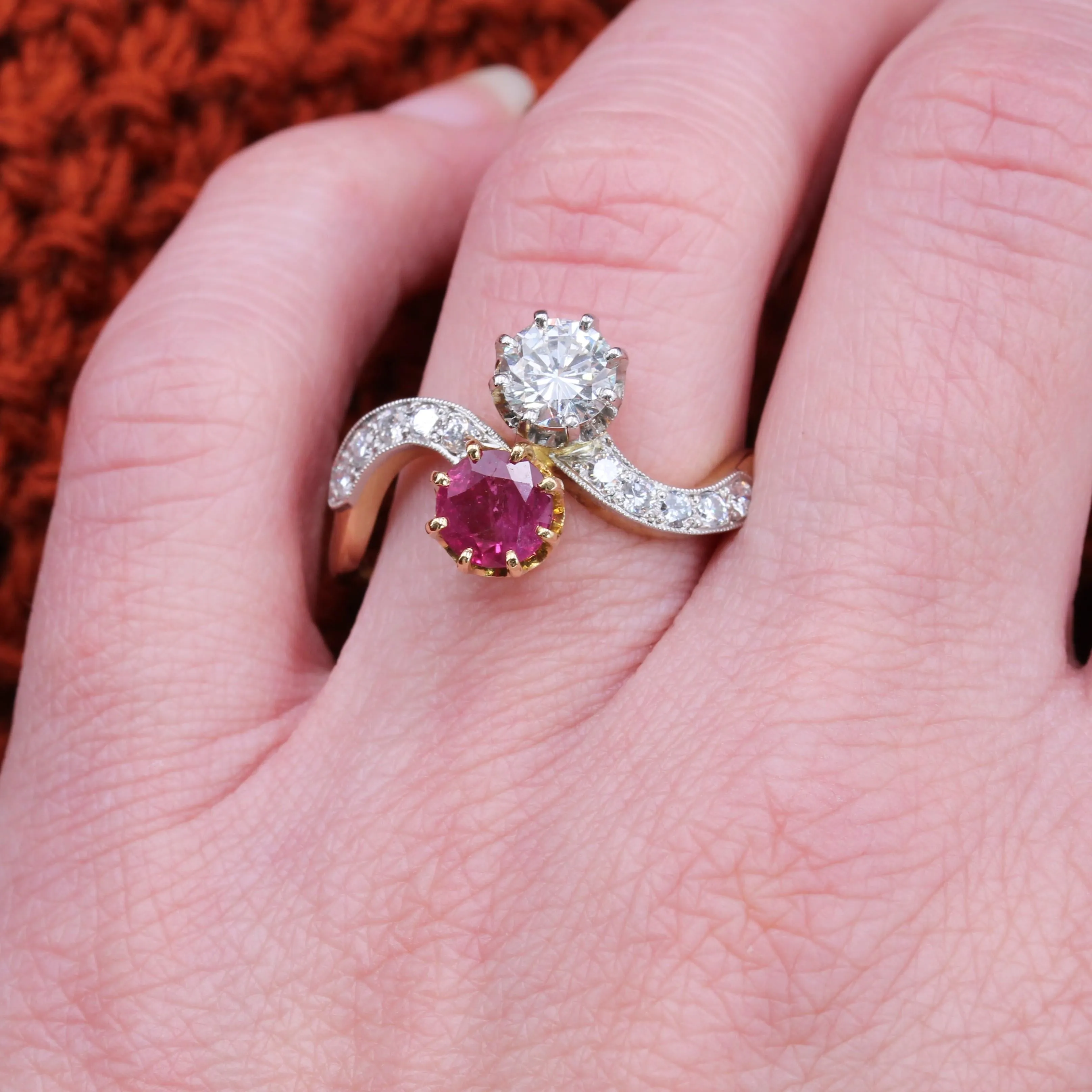 1960s Ruby and Diamonds 18 Karat Yellow Gold You and Me Ring
