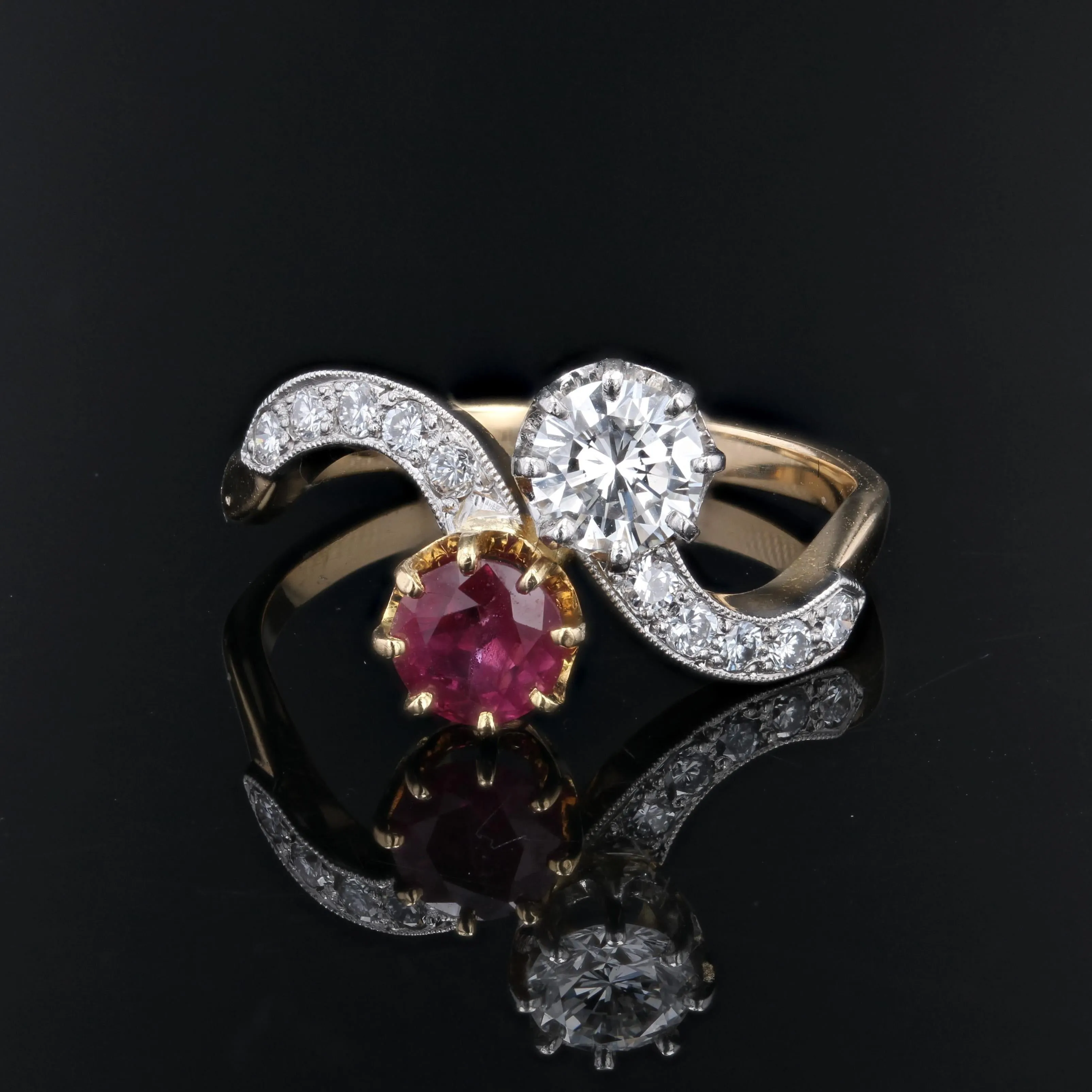 1960s Ruby and Diamonds 18 Karat Yellow Gold You and Me Ring