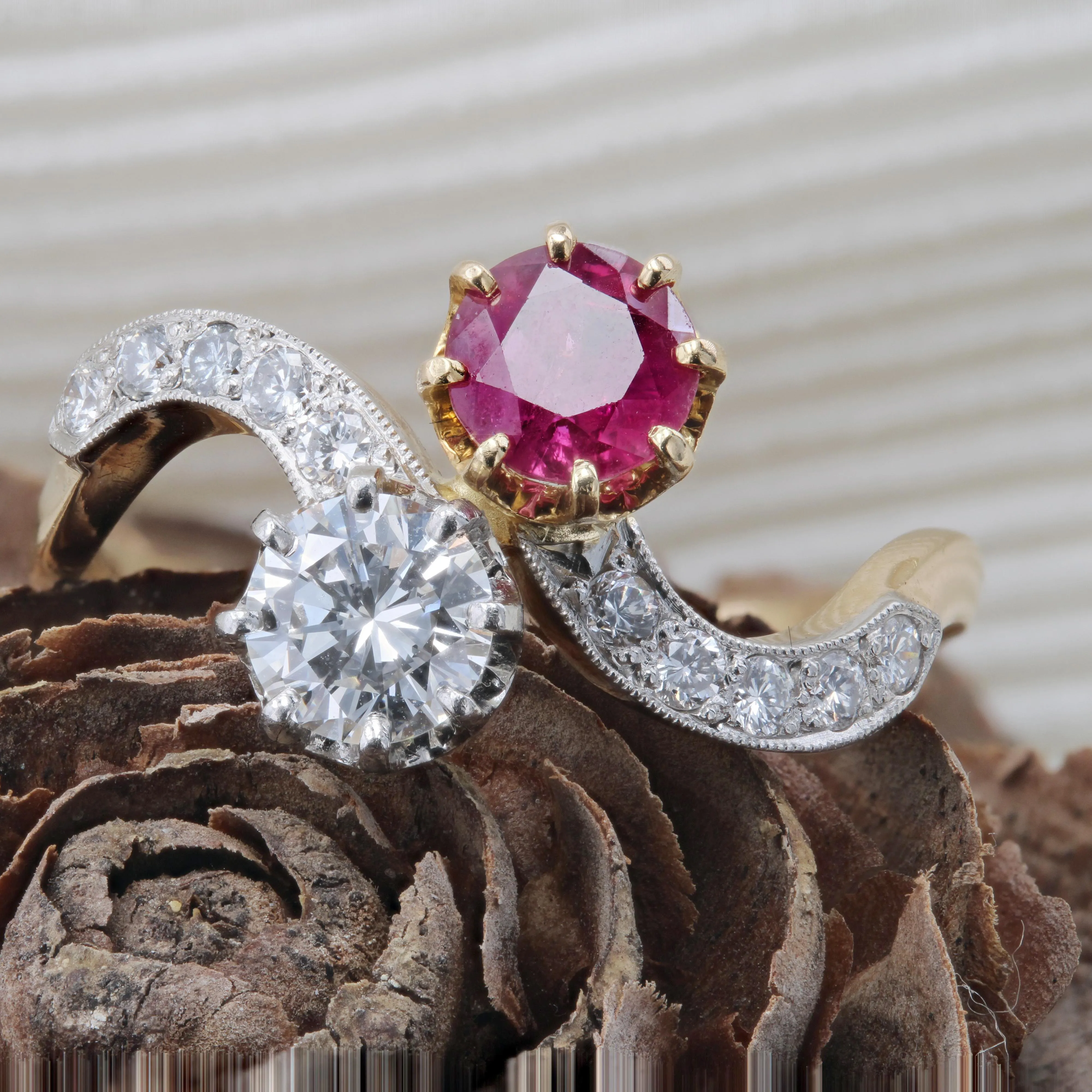 1960s Ruby and Diamonds 18 Karat Yellow Gold You and Me Ring