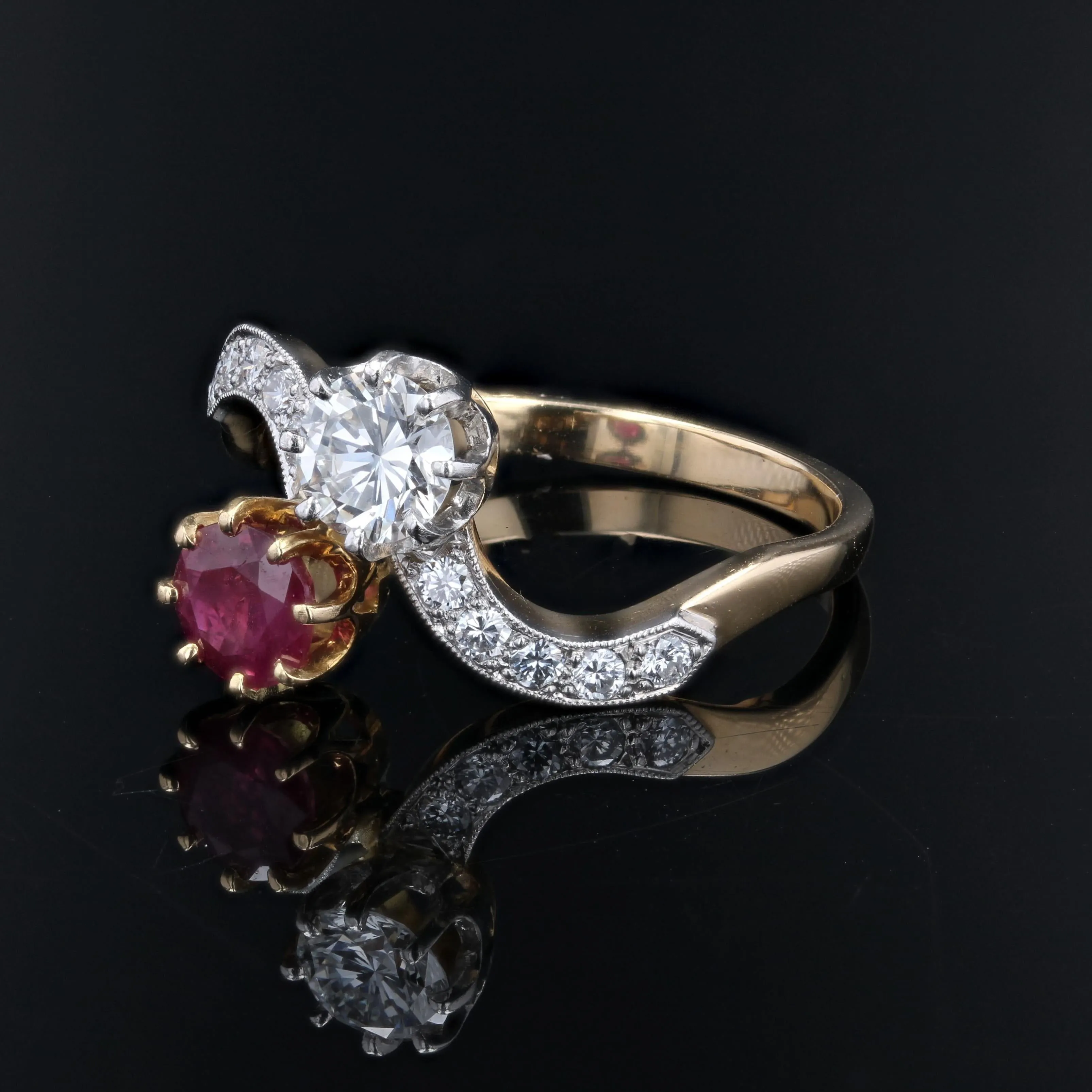 1960s Ruby and Diamonds 18 Karat Yellow Gold You and Me Ring