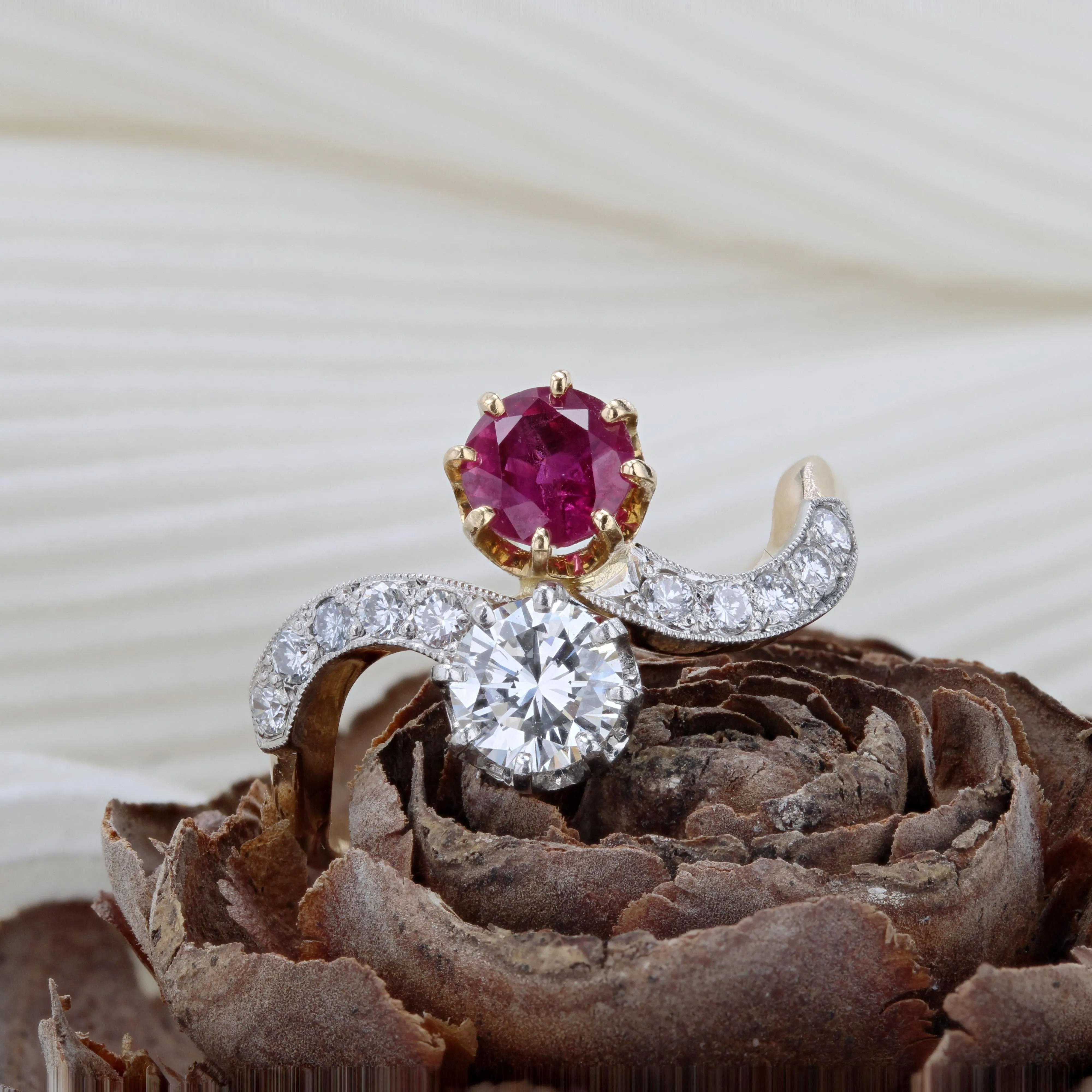 1960s Ruby and Diamonds 18 Karat Yellow Gold You and Me Ring