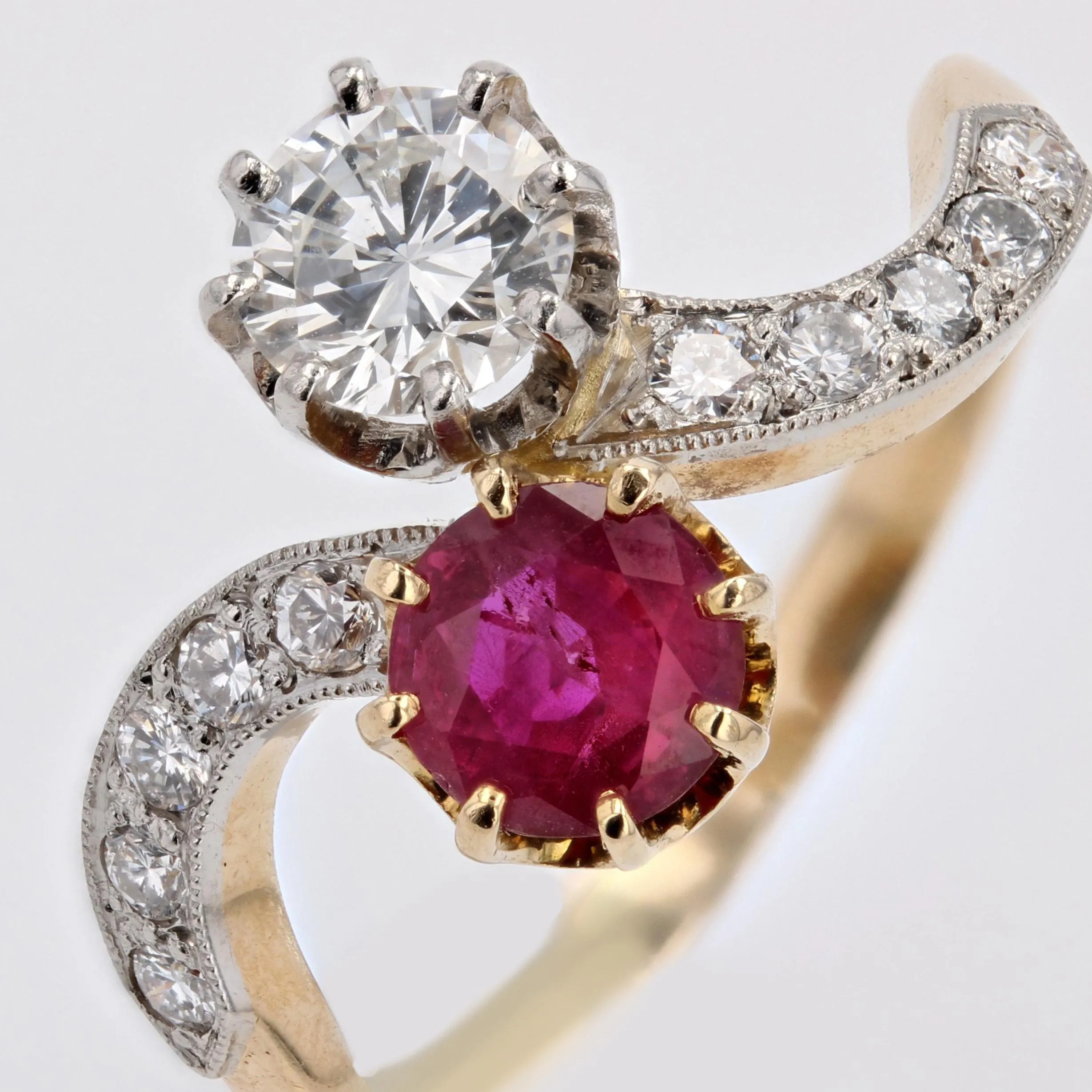 1960s Ruby and Diamonds 18 Karat Yellow Gold You and Me Ring