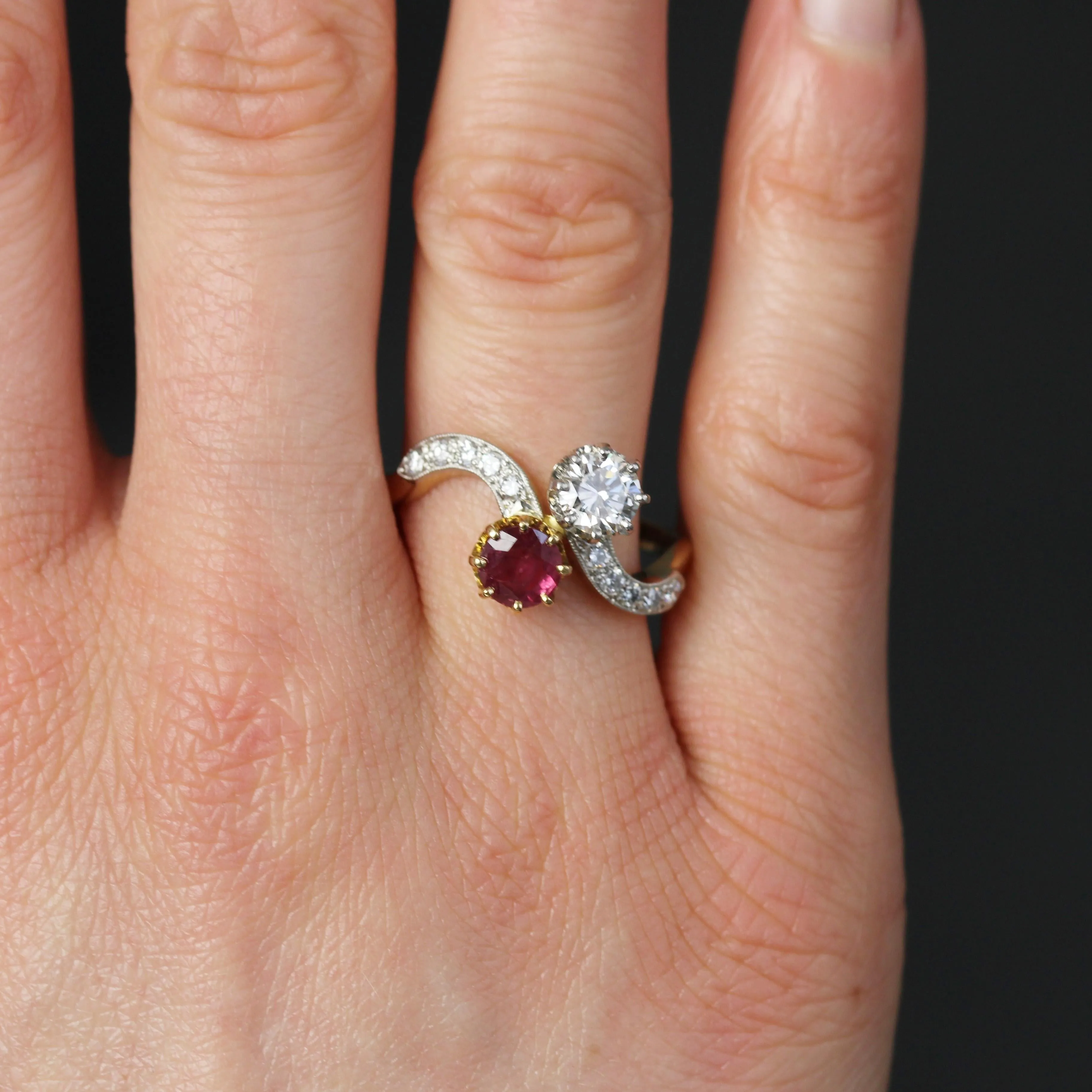 1960s Ruby and Diamonds 18 Karat Yellow Gold You and Me Ring