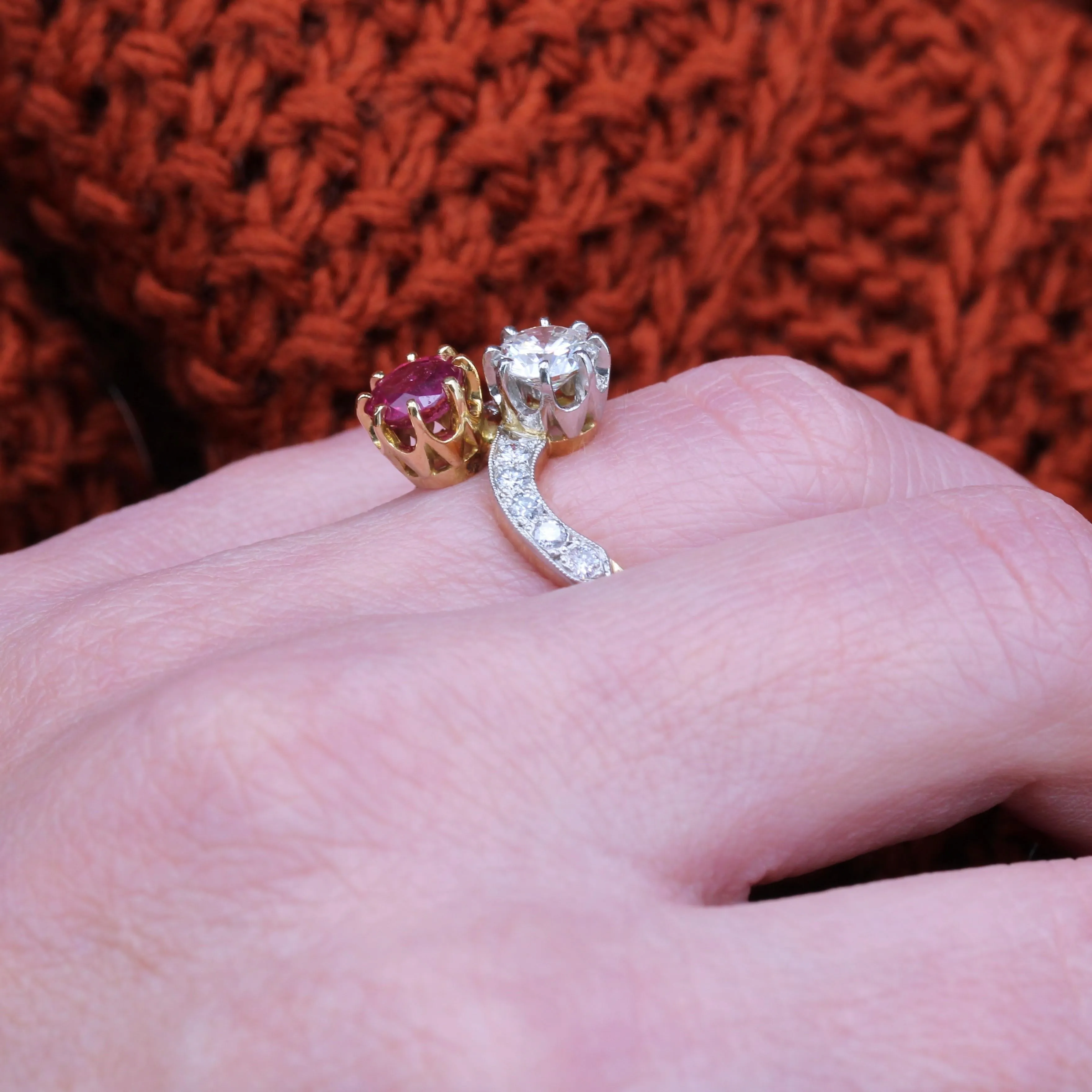 1960s Ruby and Diamonds 18 Karat Yellow Gold You and Me Ring