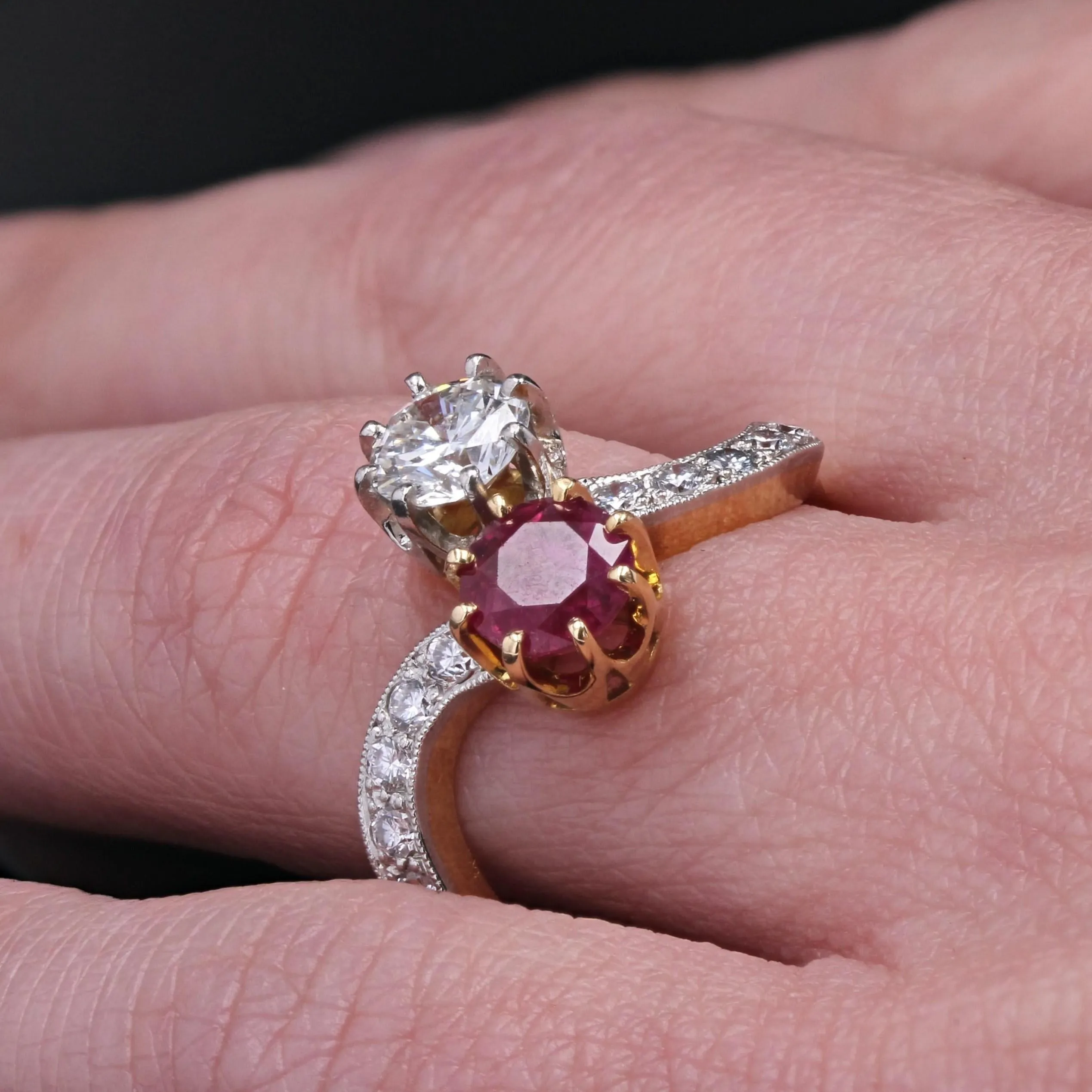 1960s Ruby and Diamonds 18 Karat Yellow Gold You and Me Ring