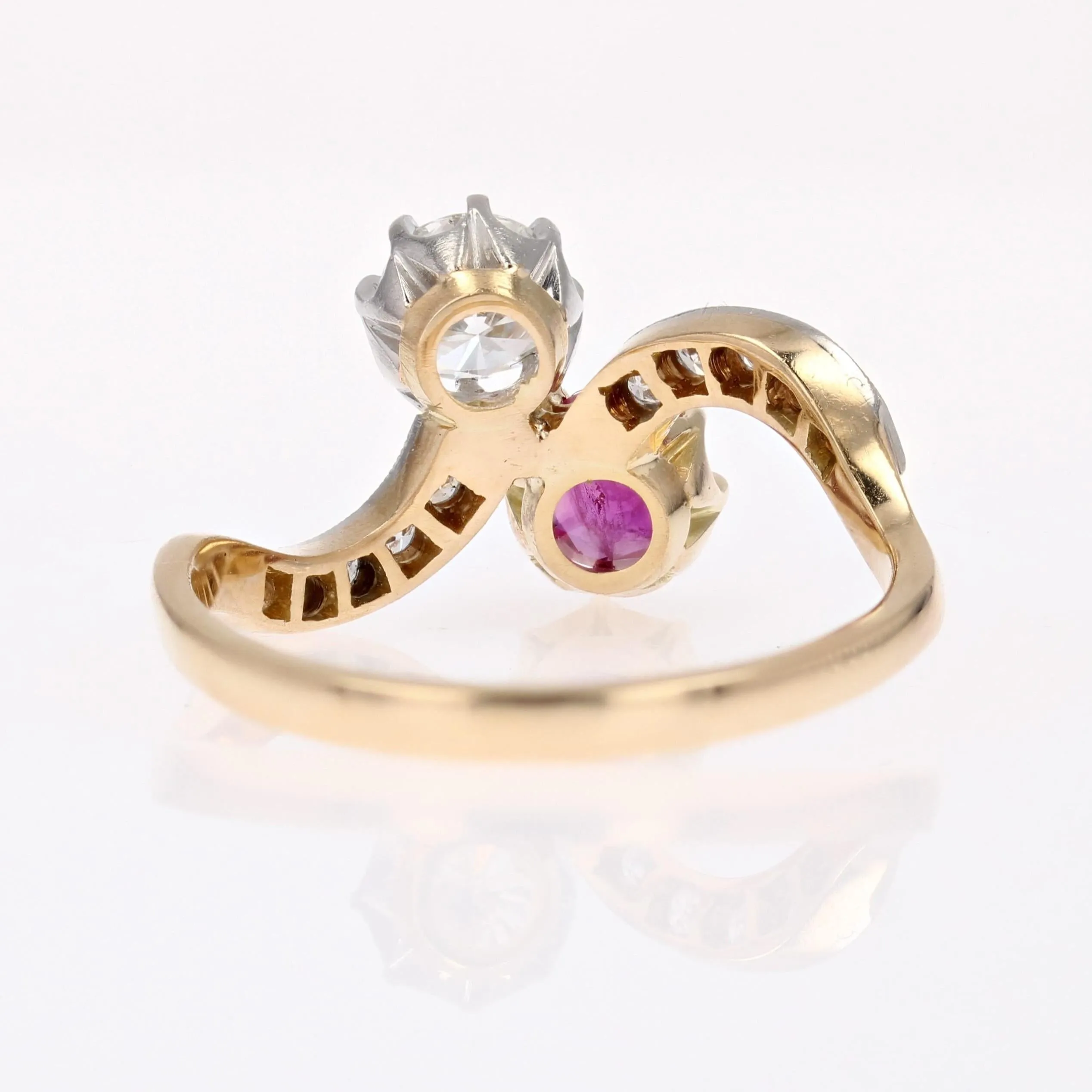 1960s Ruby and Diamonds 18 Karat Yellow Gold You and Me Ring