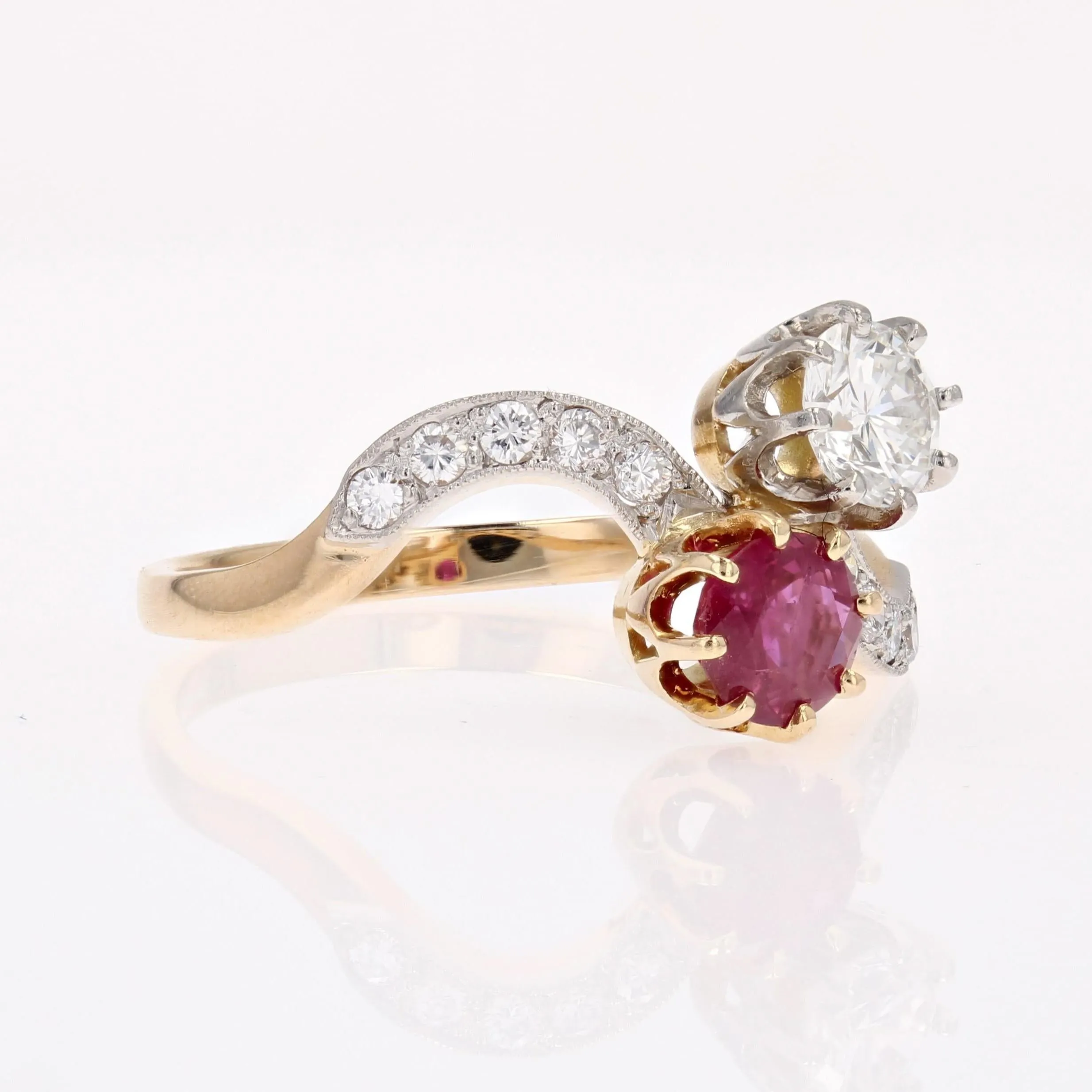 1960s Ruby and Diamonds 18 Karat Yellow Gold You and Me Ring