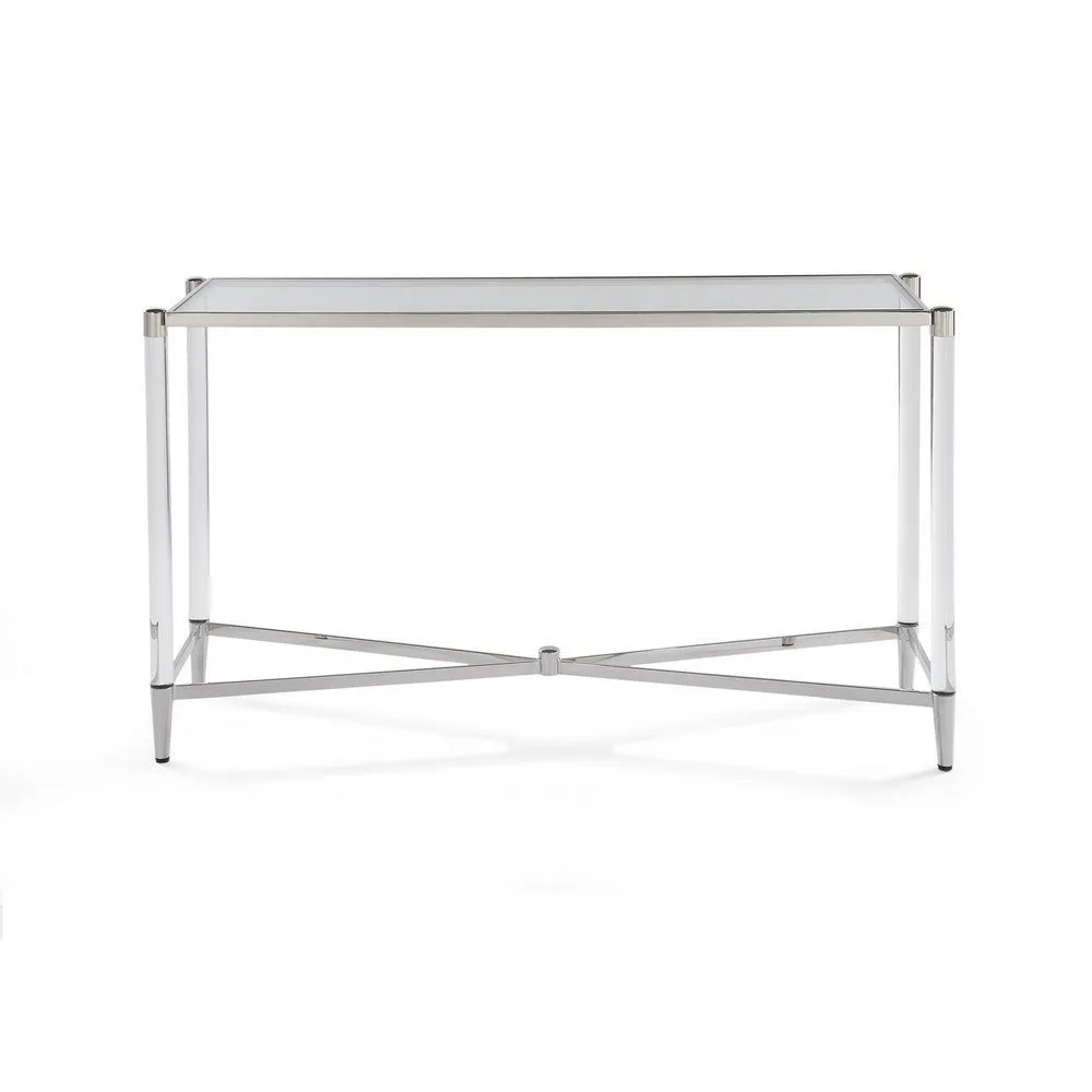 52 Inches Glass Top Console Table with Acrylic Legs, Clear and Chrome By Casagear Home