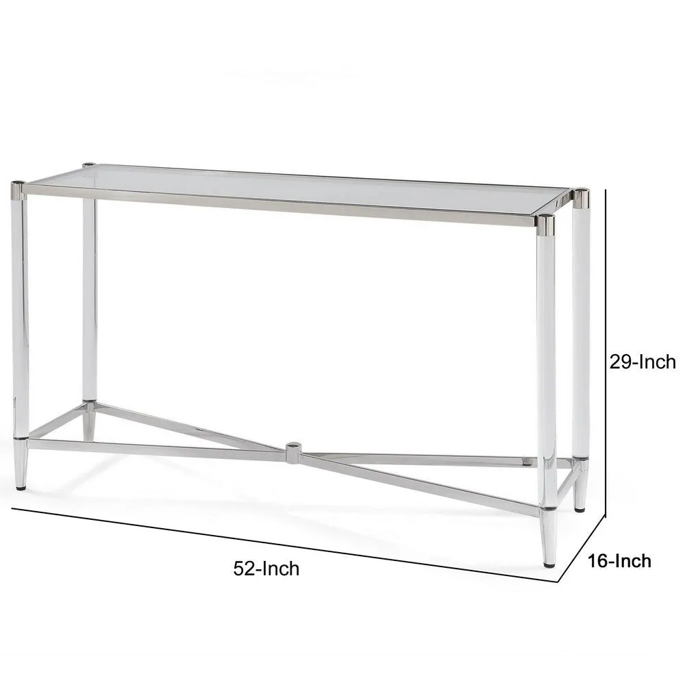52 Inches Glass Top Console Table with Acrylic Legs, Clear and Chrome By Casagear Home