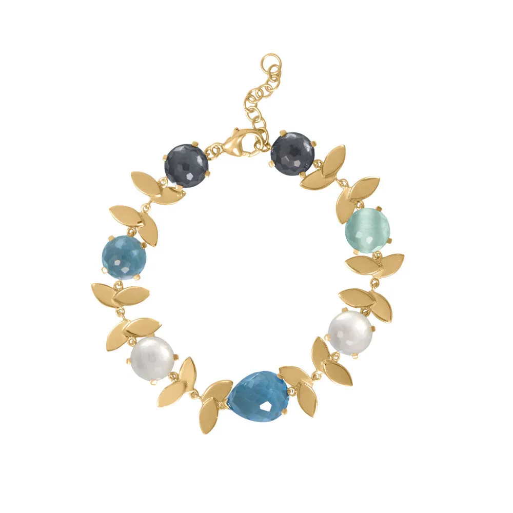 6.5"   1" Lovely Leaves! 14 Karat Gold Plated Multi Stone Bracelet