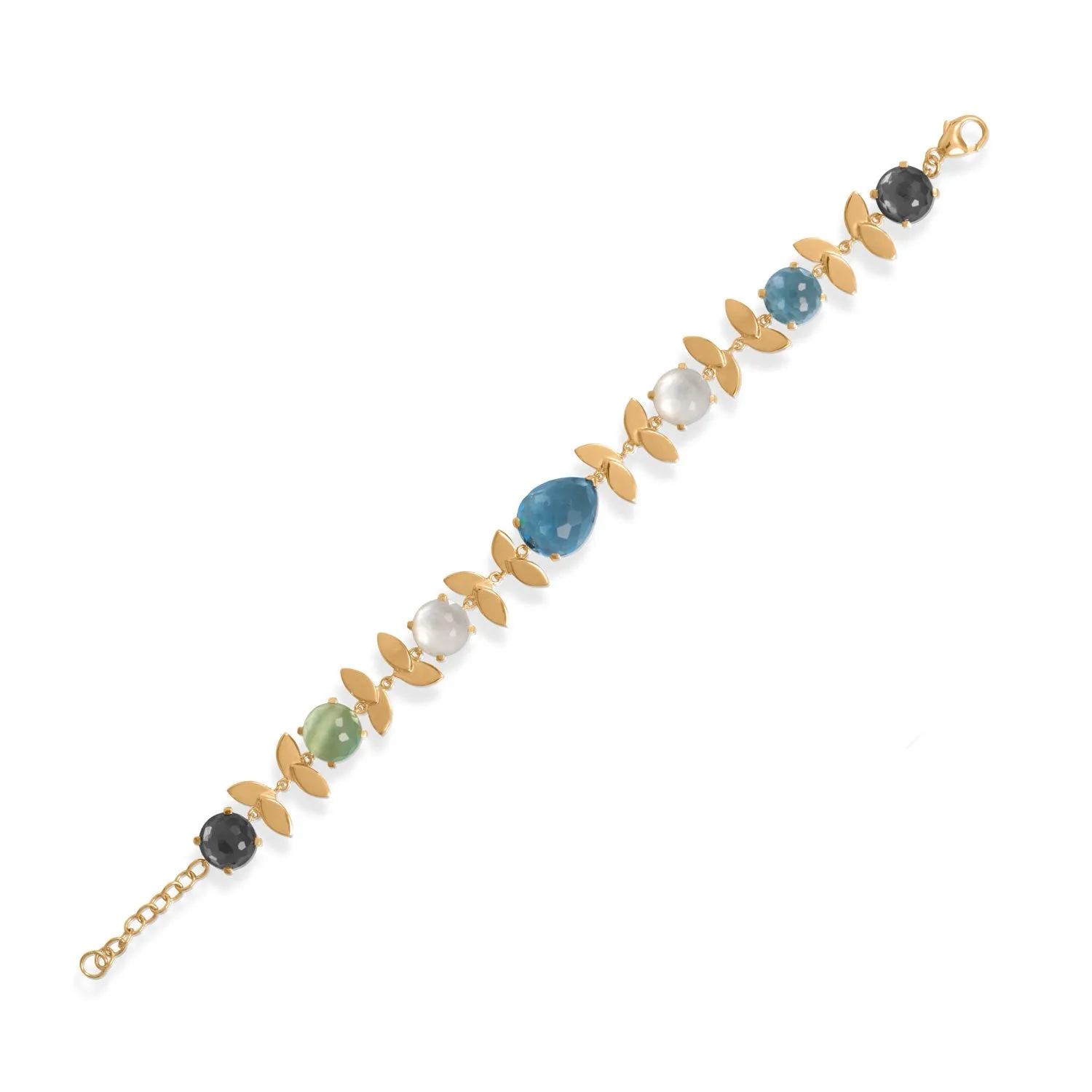 6.5"   1" Lovely Leaves! 14 Karat Gold Plated Multi Stone Bracelet