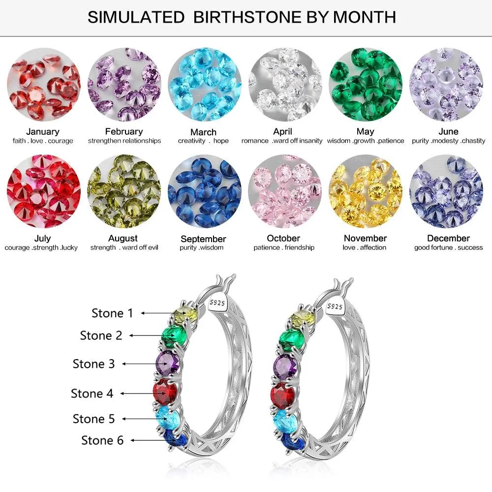 925 Sterling Silver Jewelry- Silver Hoop Earrings for Women- Custom 6 Birthstones Engraved Earrings- Personalized Birthstone Jewelry