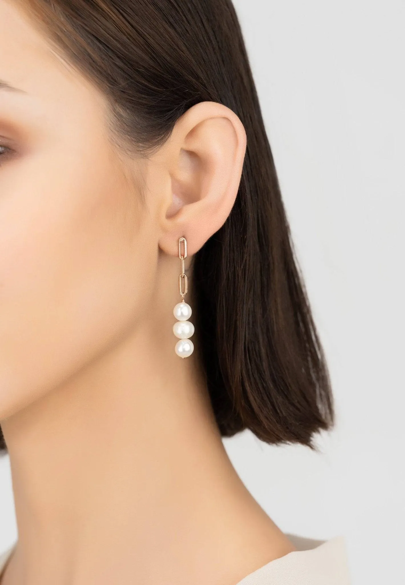 Amelia Three Pearl Drop Earrings Rosegold