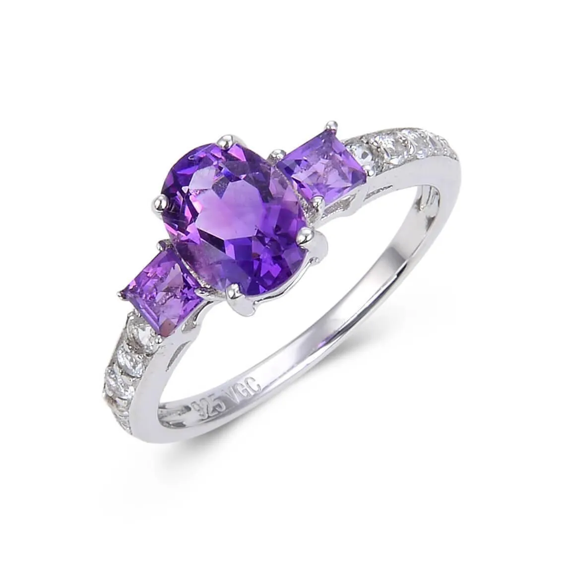 Amethyst Oval and Square Three Stone Ring