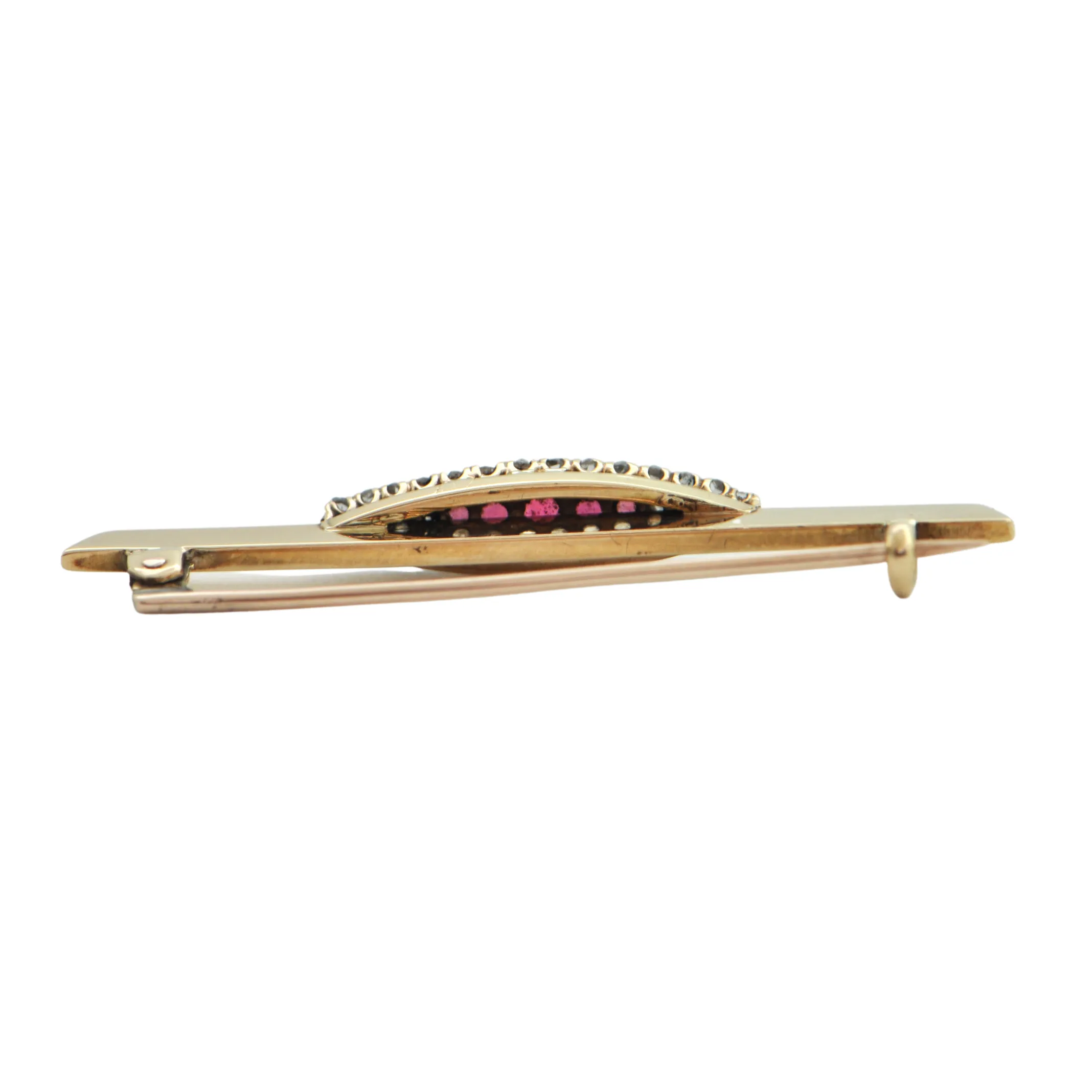Antique 14K Yellow Gold Diamond and Peach Pink Doublet Bar Pin C. 1800