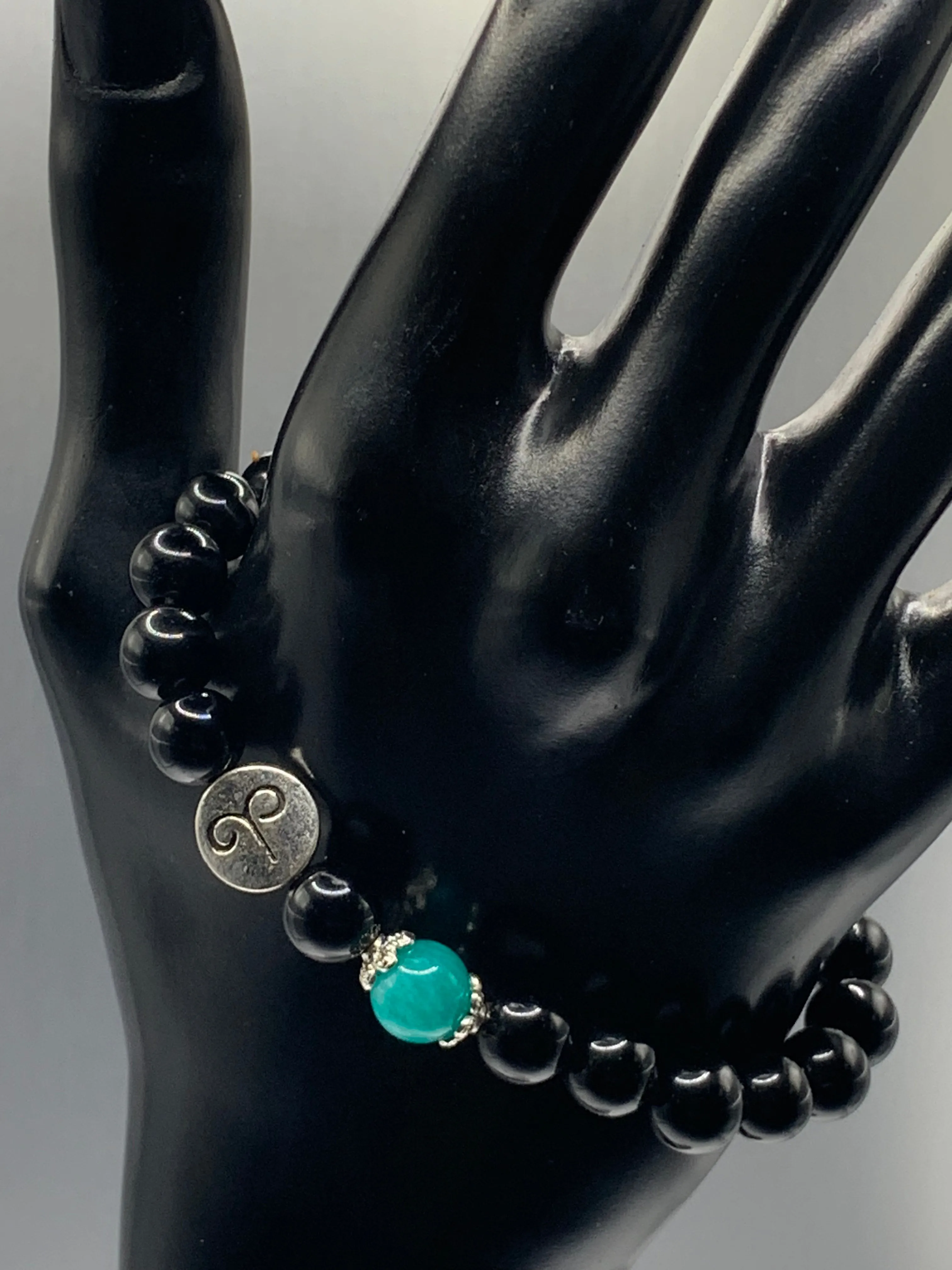Aries Zodiac black obsidian with aquamarine chalcedony semi precious stone/crystal elastic beaded bracelet with silver accents