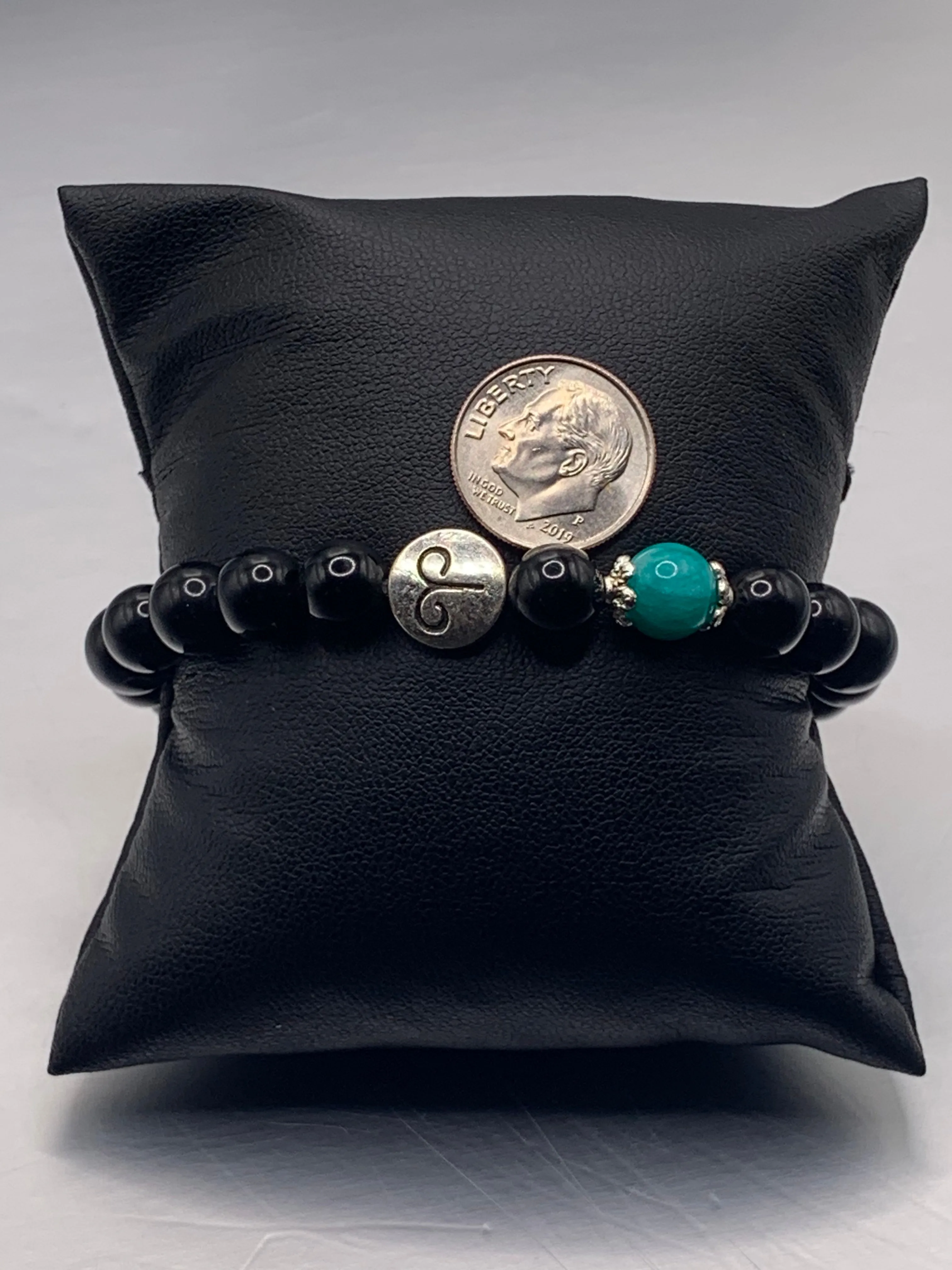 Aries Zodiac black obsidian with aquamarine chalcedony semi precious stone/crystal elastic beaded bracelet with silver accents