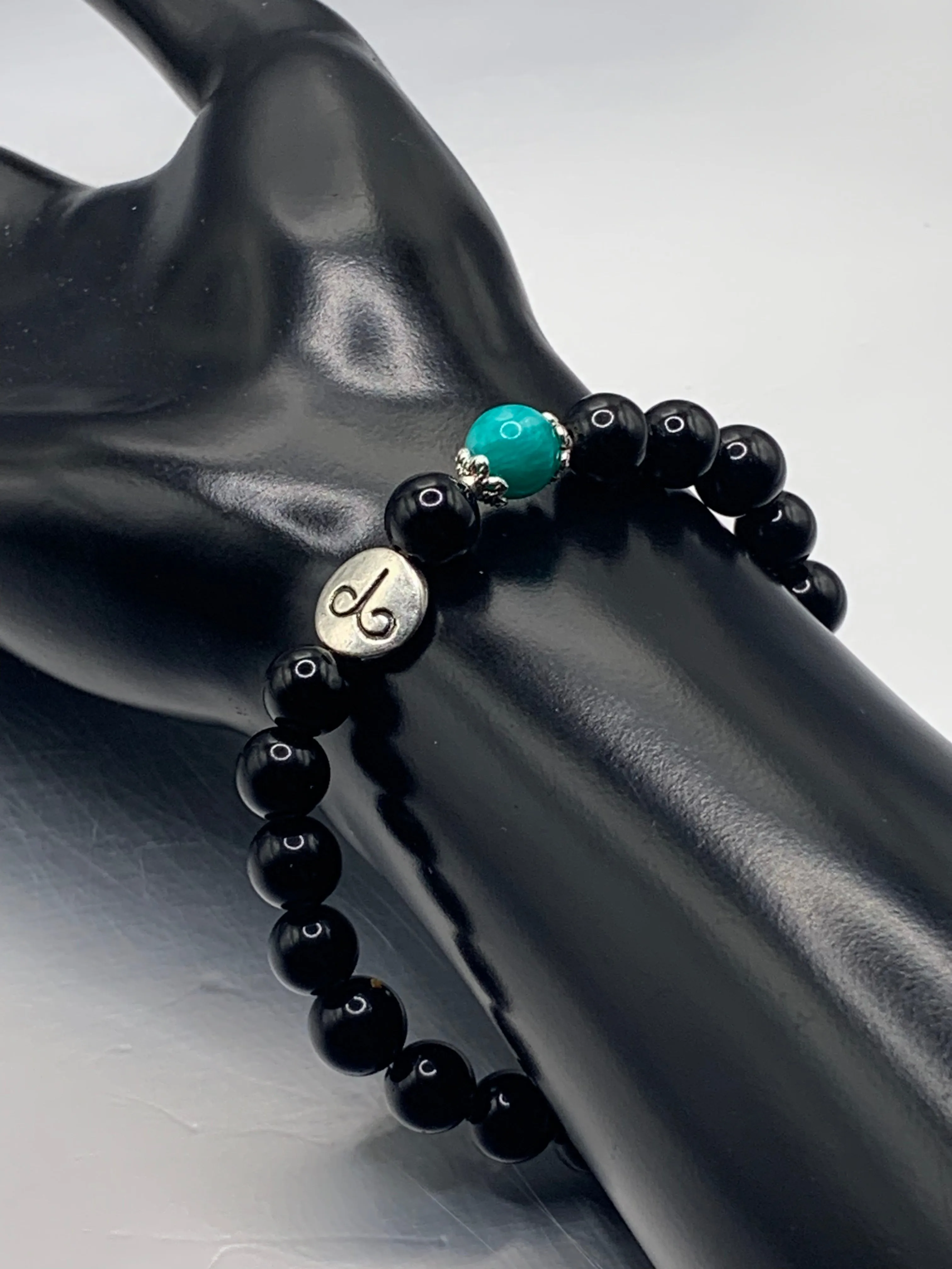 Aries Zodiac black obsidian with aquamarine chalcedony semi precious stone/crystal elastic beaded bracelet with silver accents