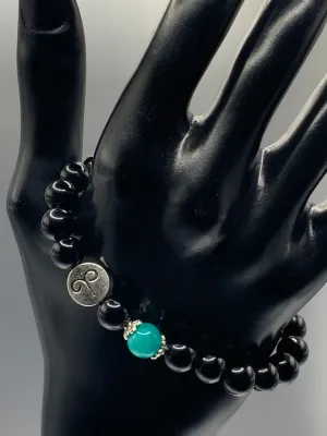 Aries Zodiac black obsidian with aquamarine chalcedony semi precious stone/crystal elastic beaded bracelet with silver accents