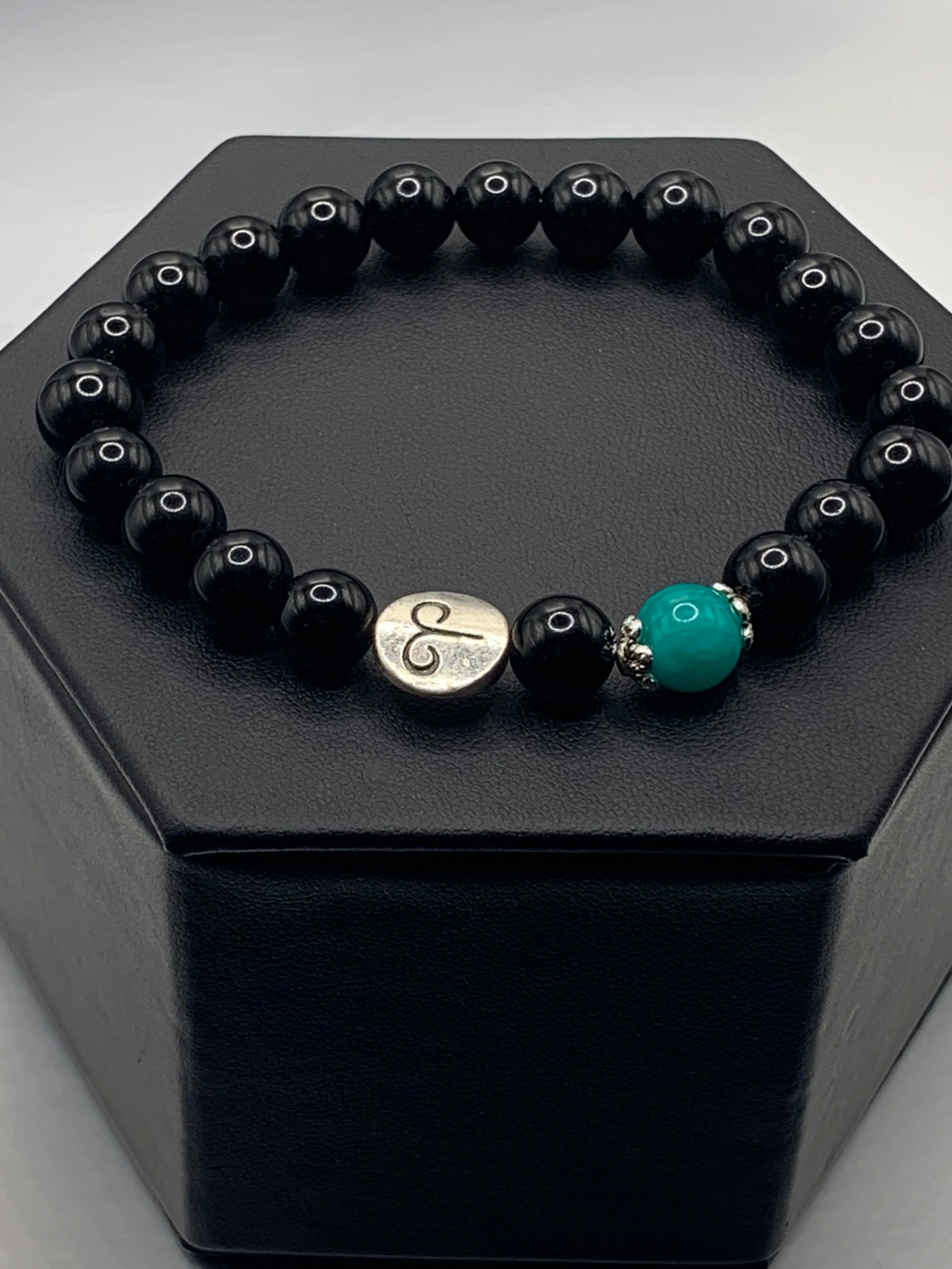 Aries Zodiac black obsidian with aquamarine chalcedony semi precious stone/crystal elastic beaded bracelet with silver accents
