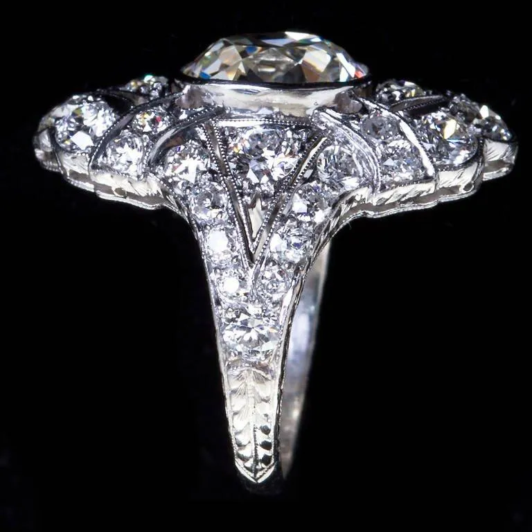 Art Deco 4.60 Carat Old Cushion Cut Diamond Platinum Ring