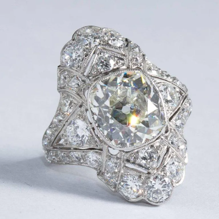 Art Deco 4.60 Carat Old Cushion Cut Diamond Platinum Ring