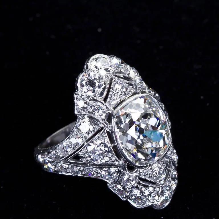 Art Deco 4.60 Carat Old Cushion Cut Diamond Platinum Ring