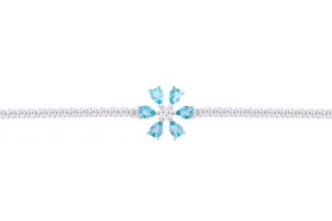 Asfour Crystal Tennis Bracelet With Aquamarine Flower Design In 925 Sterling Silver