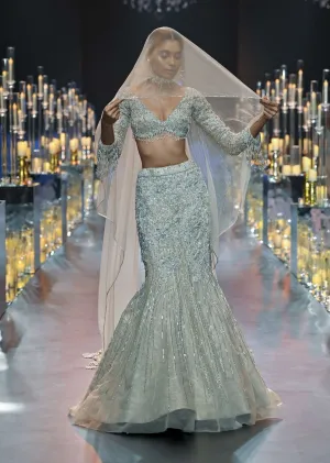 Beige Fish-Cut Lehenga And Blouse With Crystal Tassels