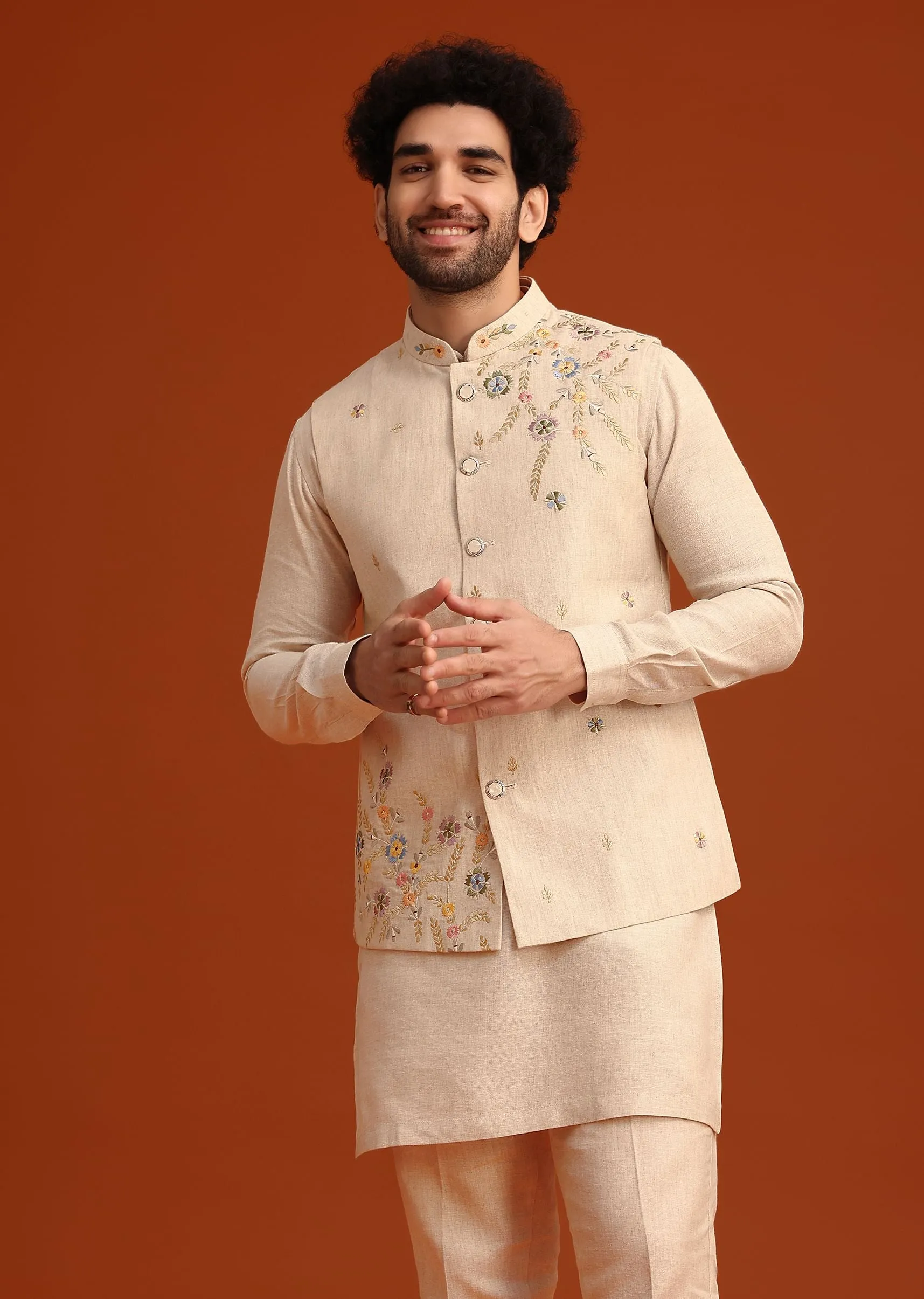 Beige Floral Hand Embroidered Kurta Jacket Set