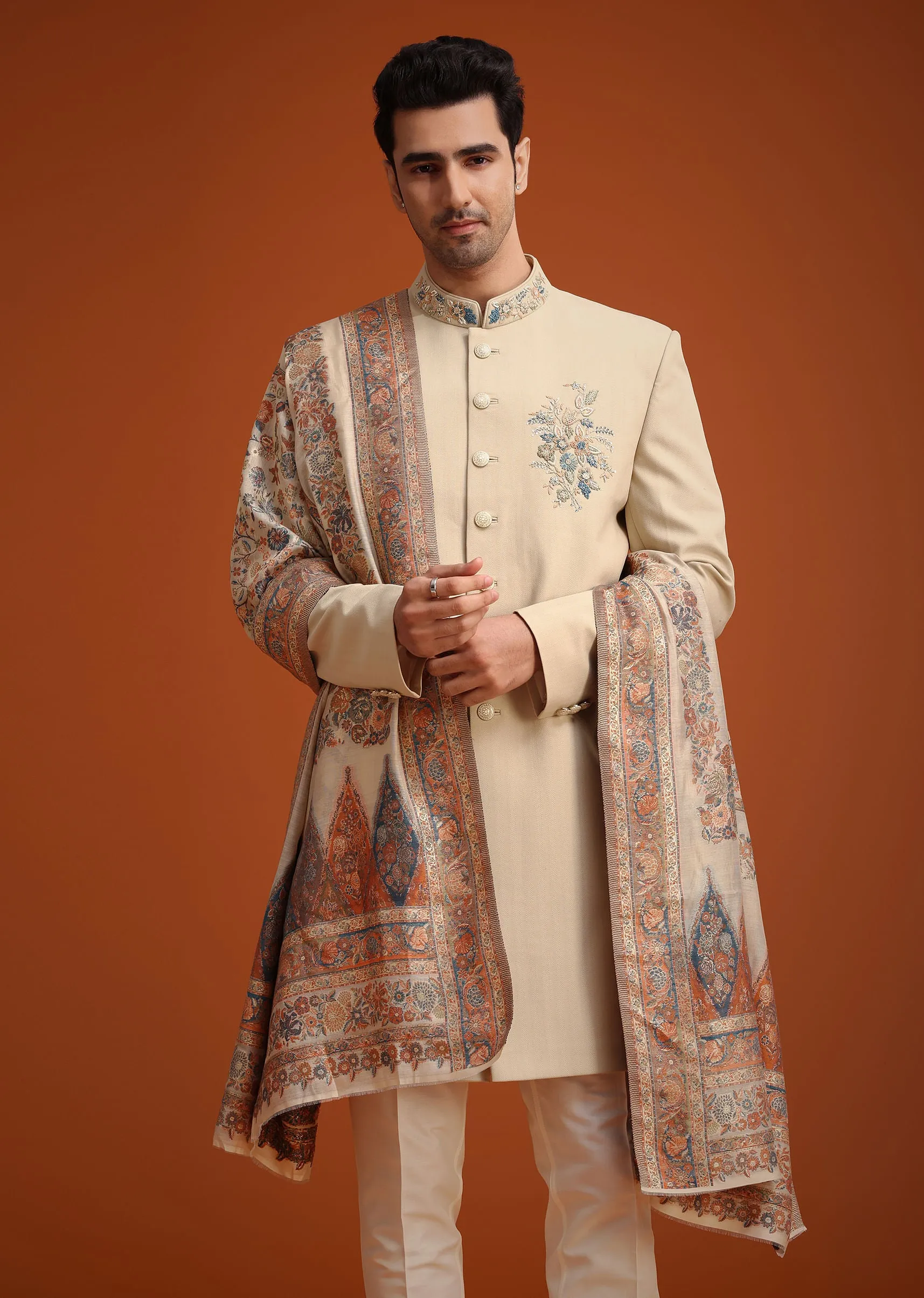 Beige Hand Embroidered Indo Western Set With Dupatta