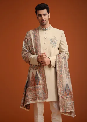 Beige Hand Embroidered Indo Western Set With Dupatta
