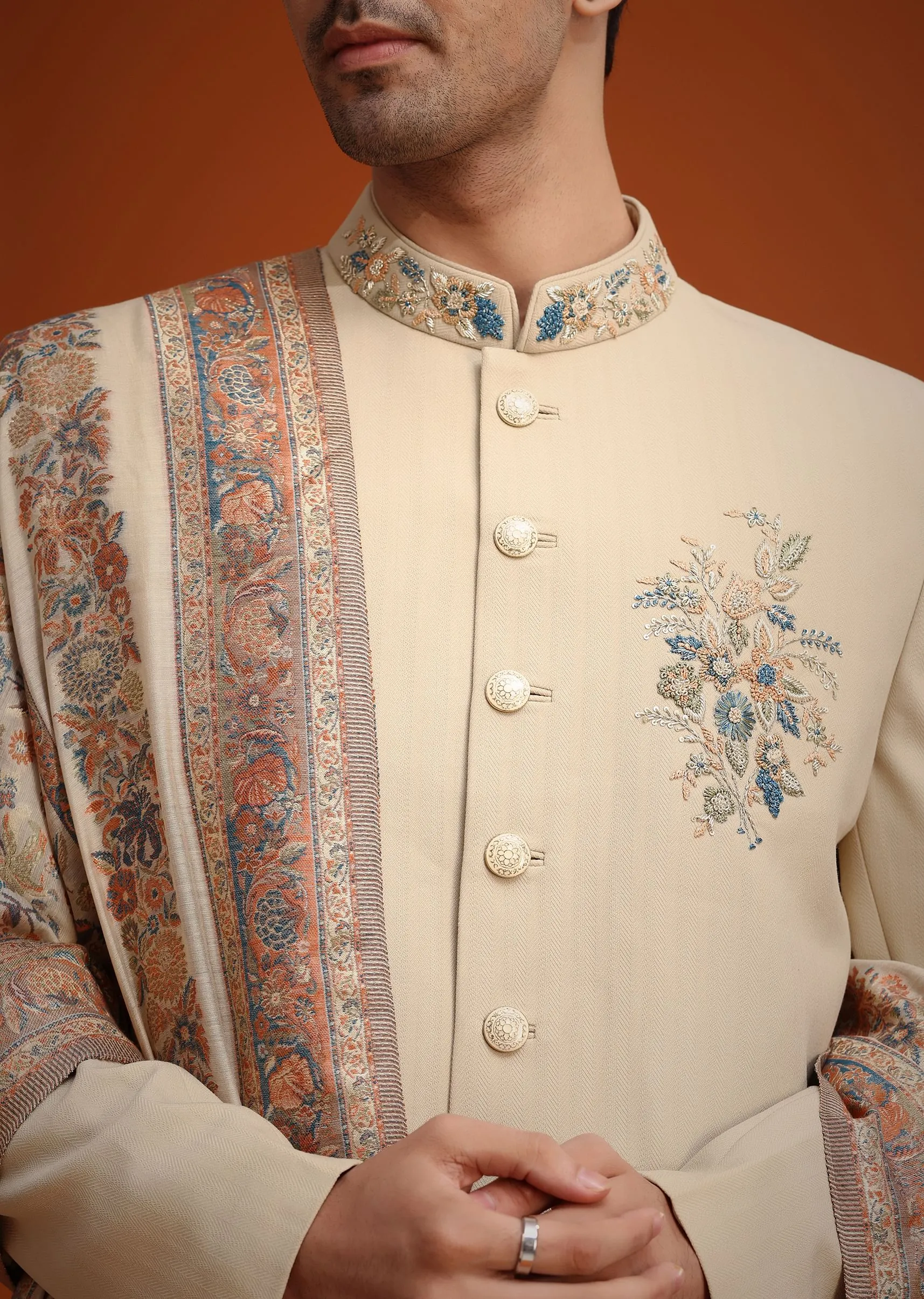 Beige Hand Embroidered Indo Western Set With Dupatta