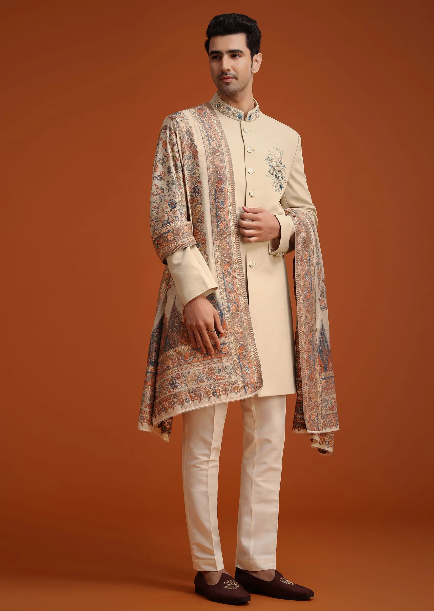 Beige Hand Embroidered Indo Western Set With Dupatta