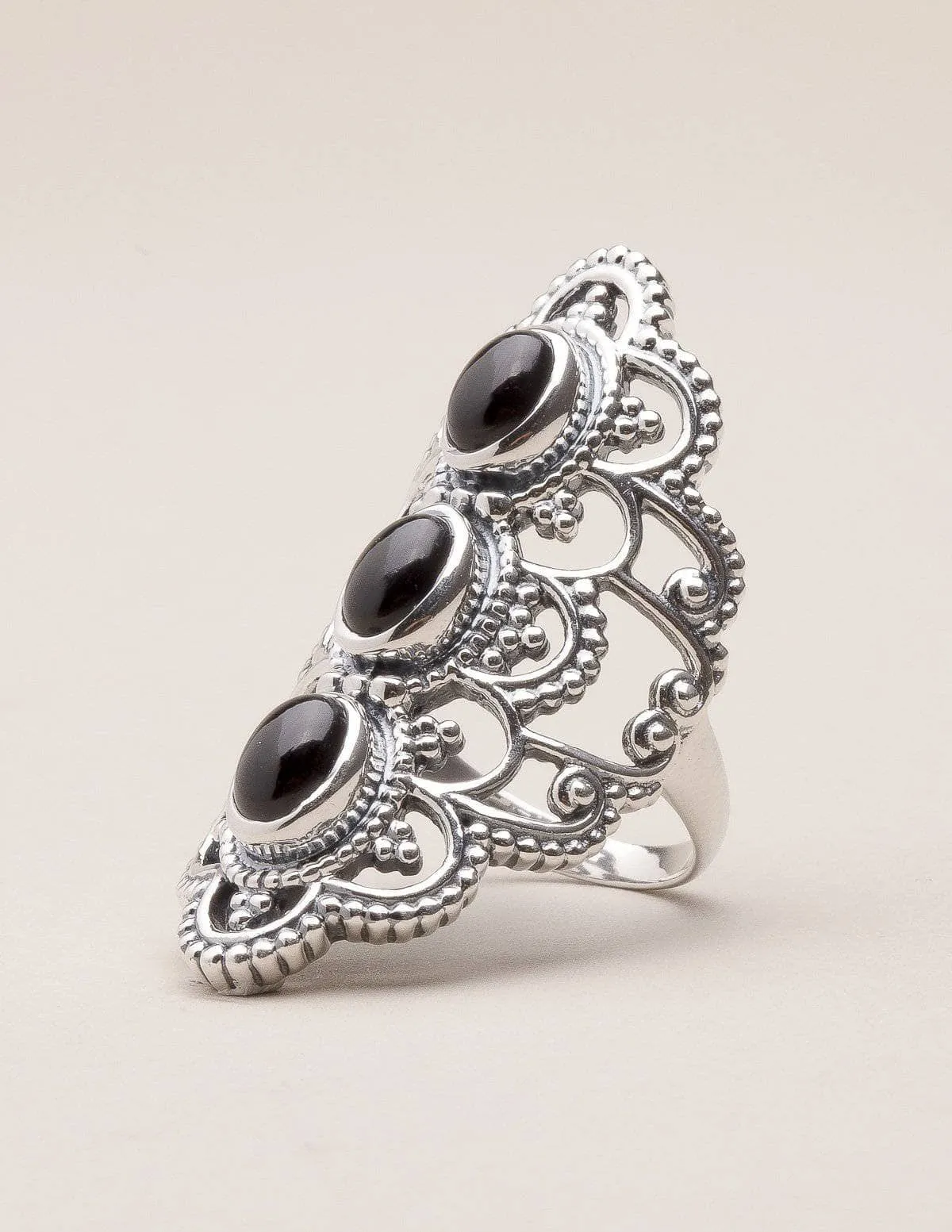 Black Onyx Antique Silver Ring - Size 7