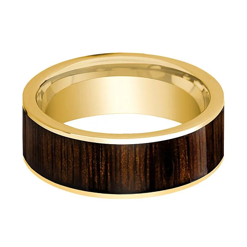Black Walnut Wood Inlaid Men's 14k Yellow Gold Flat Wedding Band Polished Finish - 8MM