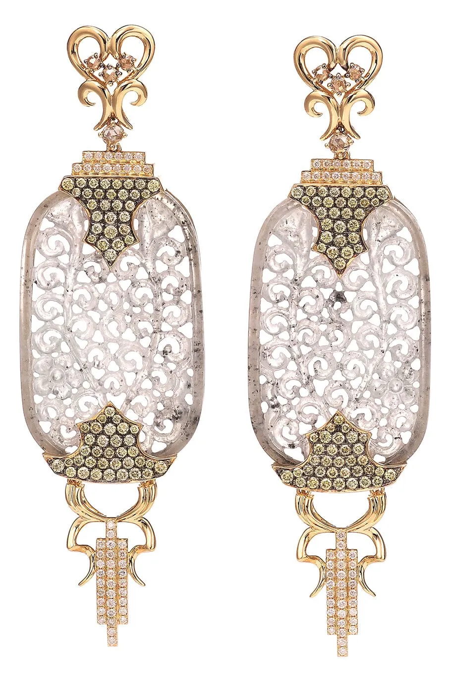 Carved Jade and Fancy Diamond Earrings